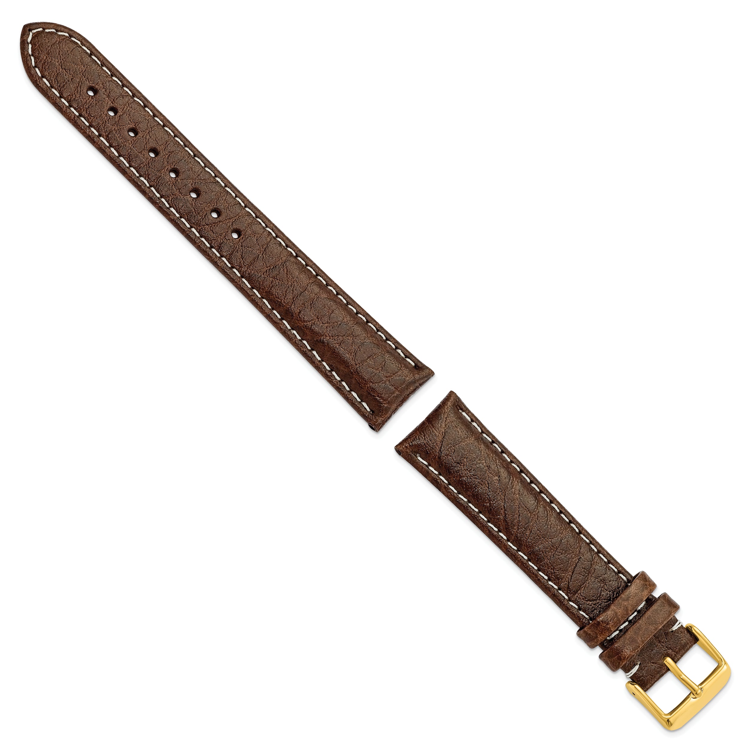 16mm Long Dark Brown Sport Leather with White Stitching and Gold-tone Buckle 8.5 inch Watch Band - 16 / 8.5