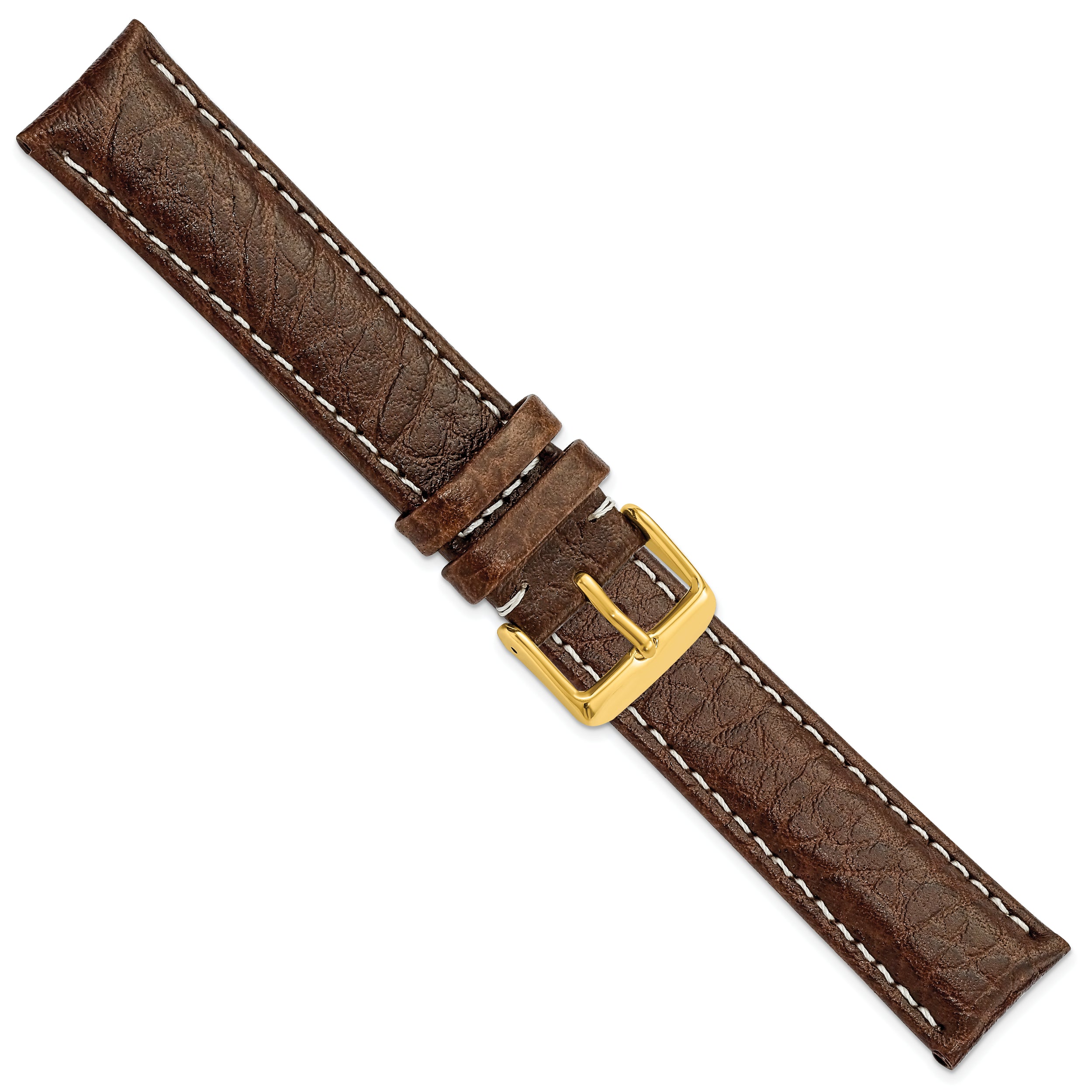 16mm Long Dark Brown Sport Leather with White Stitching and Gold-tone Buckle 8.5 inch Watch Band - 16 / 8.5