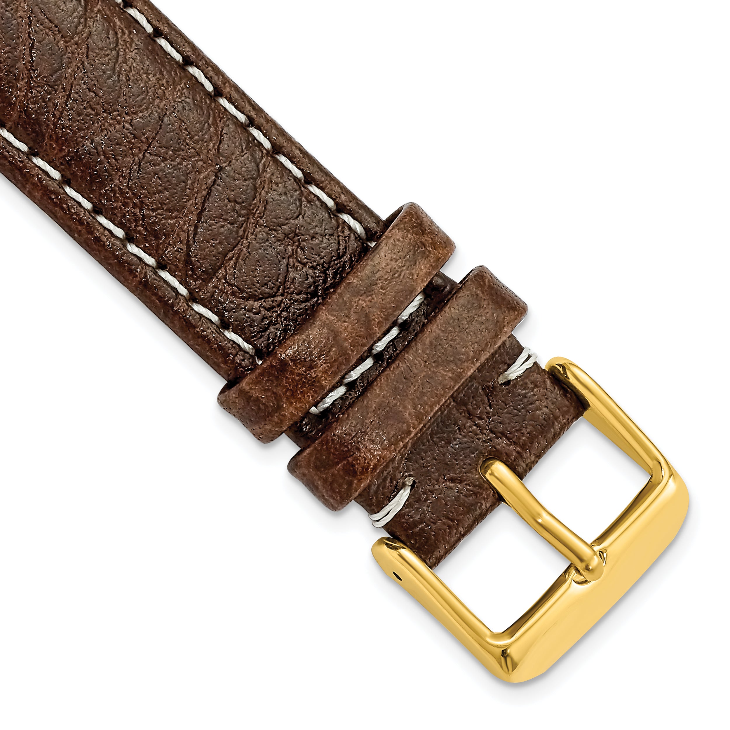 DeBeer 20mm Long Dark Brown Sport Leather with White Stitching and Gold-tone Buckle 8.5 inch Watch Band