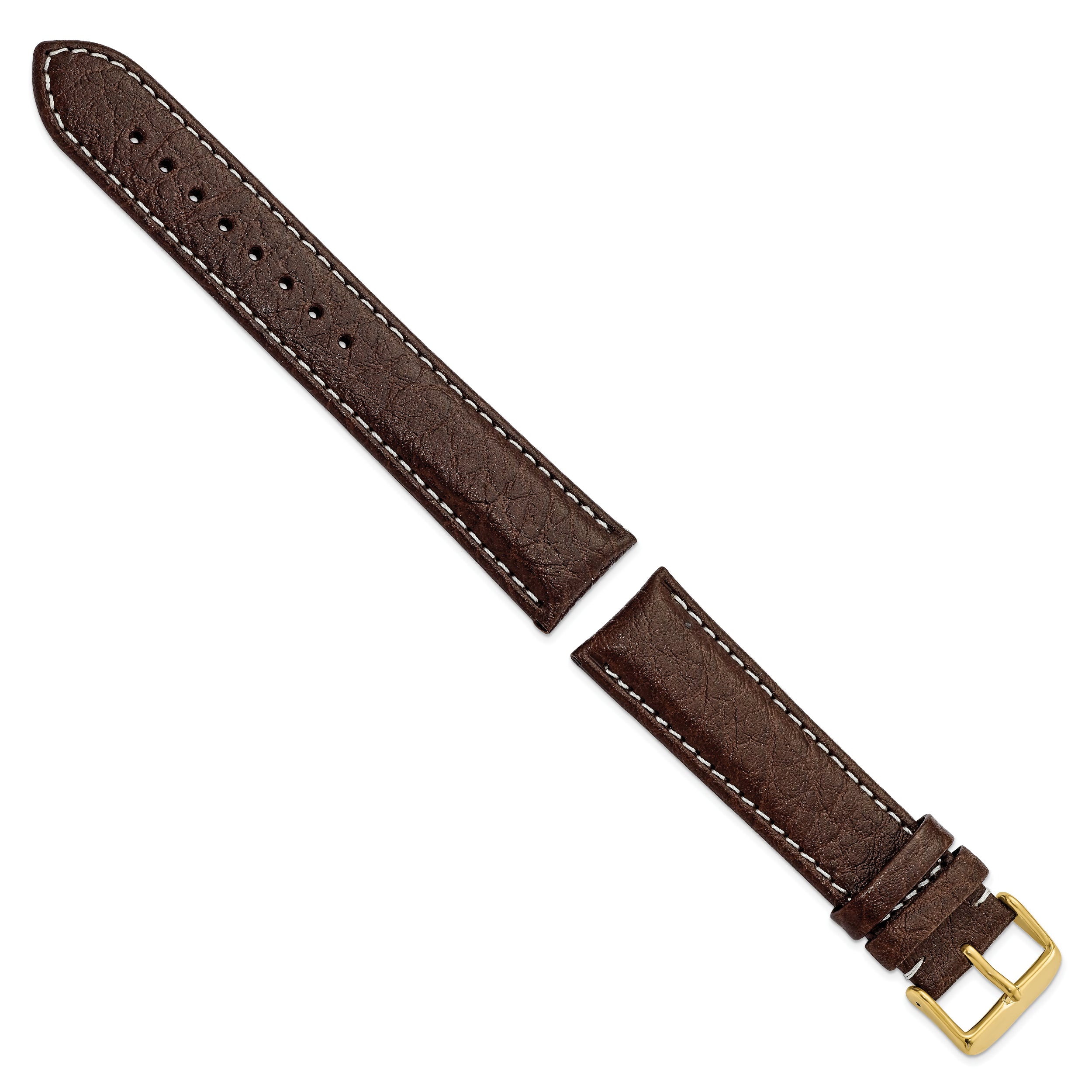 16mm Long Dark Brown Sport Leather with White Stitching and Gold-tone Buckle 8.5 inch Watch Band - 16 / 8.5