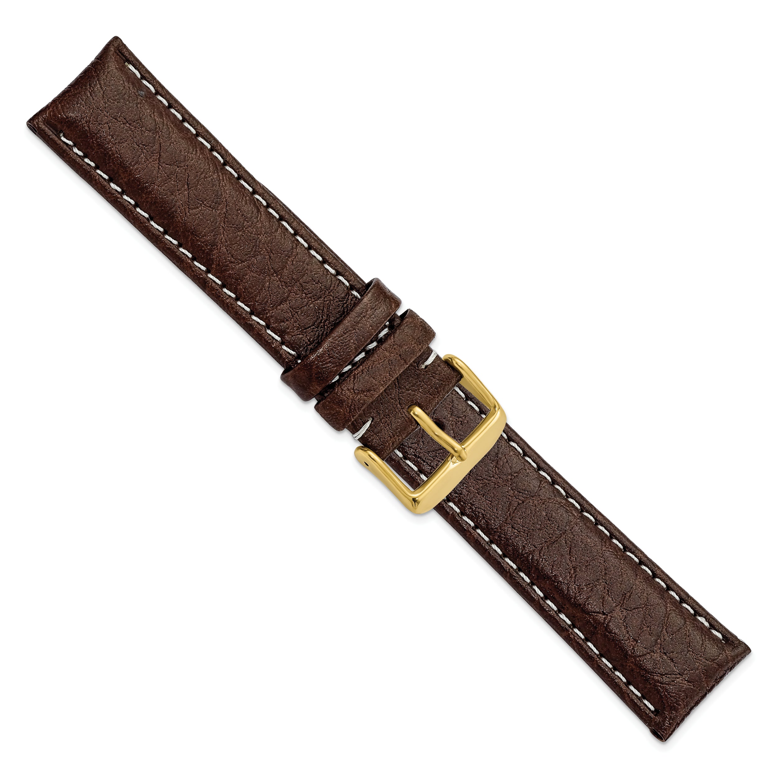 16mm Long Dark Brown Sport Leather with White Stitching and Gold-tone Buckle 8.5 inch Watch Band - 16 / 8.5