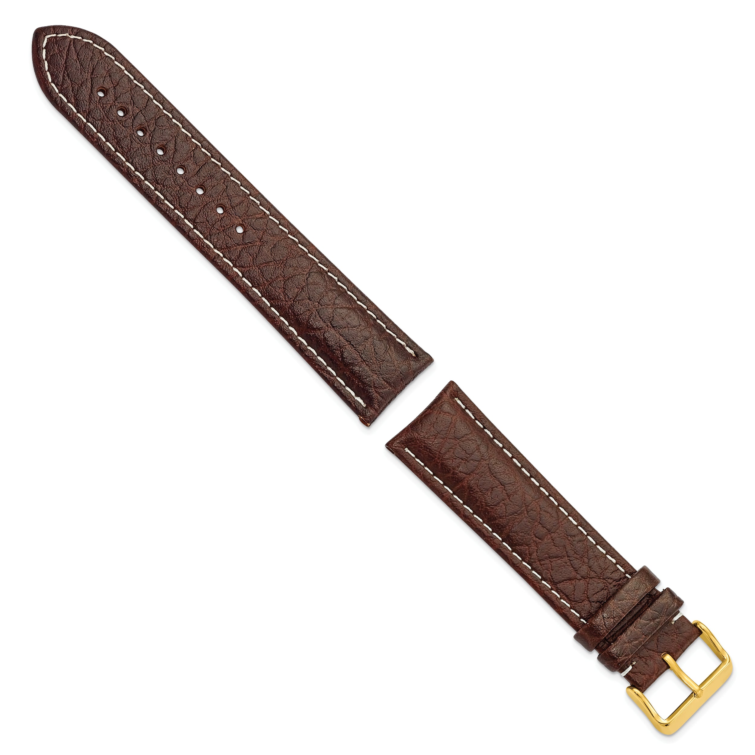 16mm Long Dark Brown Sport Leather with White Stitching and Gold-tone Buckle 8.5 inch Watch Band - 16 / 8.5