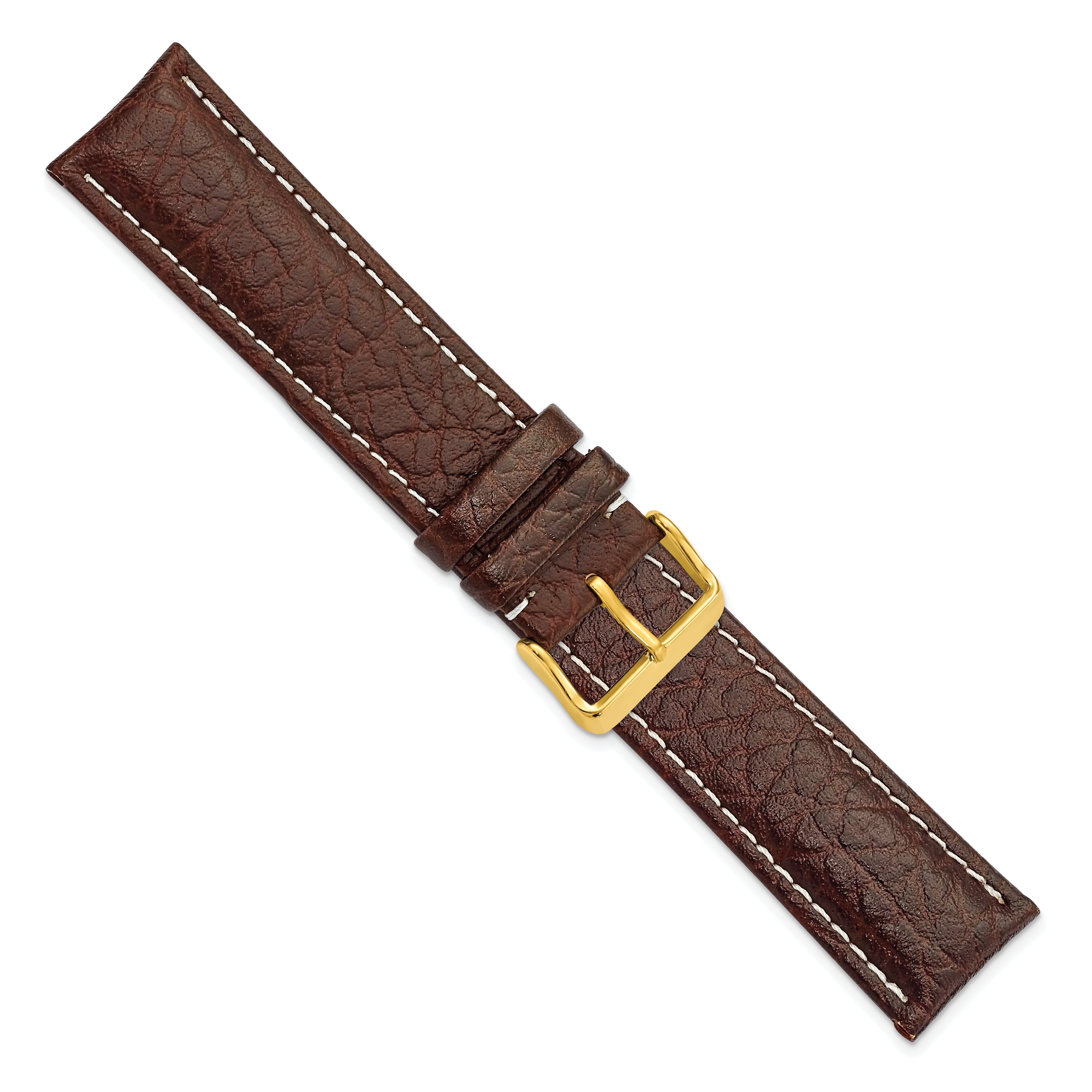 16mm Long Dark Brown Sport Leather with White Stitching and Gold-tone Buckle 8.5 inch Watch Band - 16 / 8.5