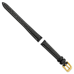 12mm Black Sport Leather with White Stitching and Gold-tone Buckle 6.75 inch Watch Band