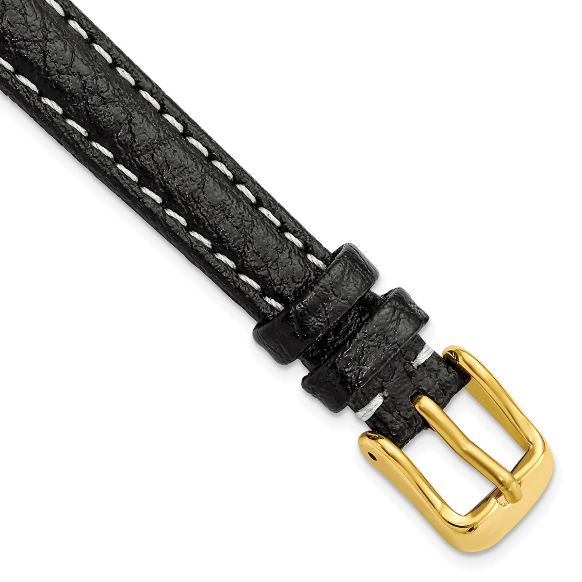 DeBeer 12mm Black Sport Leather with White Stitching and Gold-tone Buckle 6.75 inch Watch Band