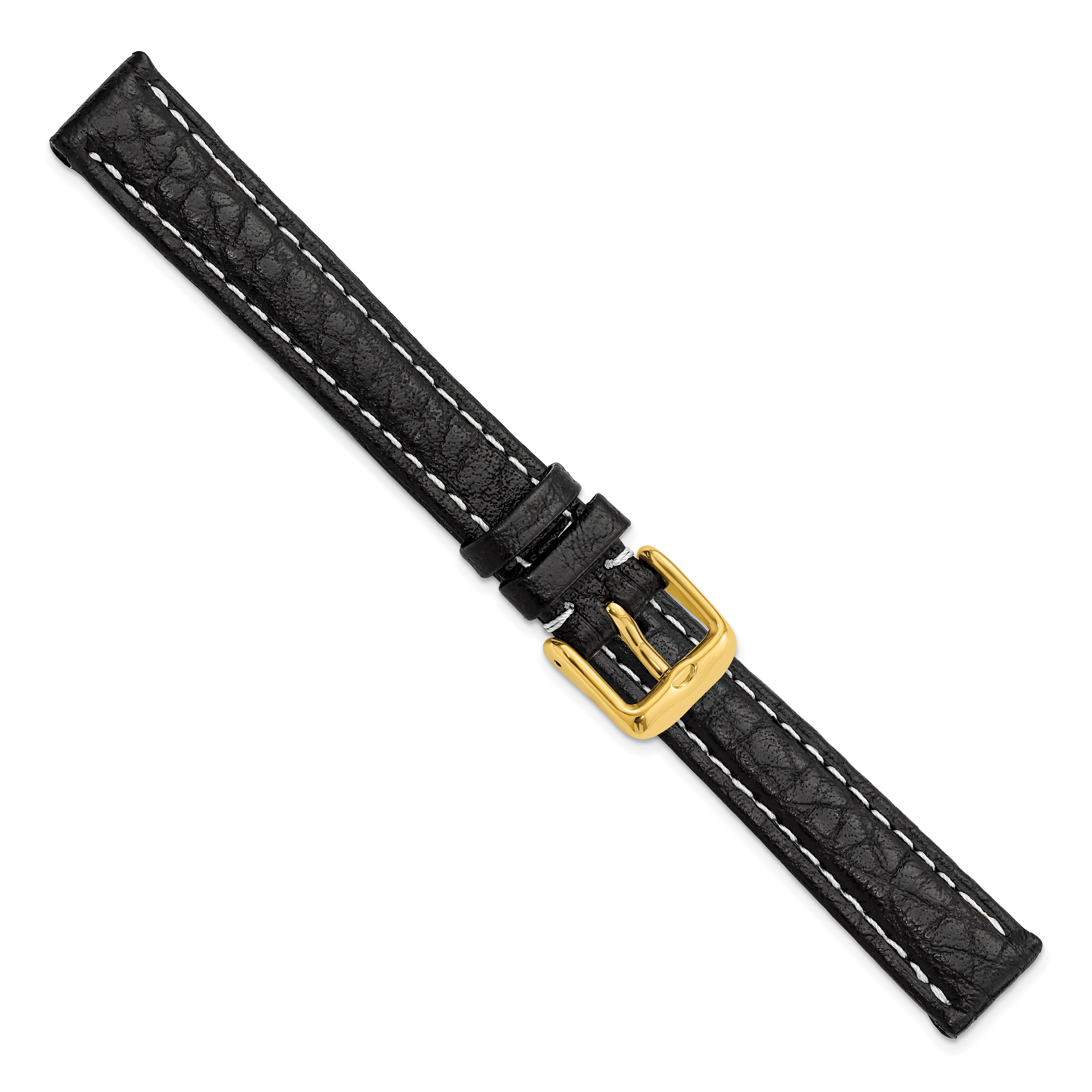 12mm Black Sport Leather with White Stitching and Gold-tone Buckle 6.75 inch Watch Band