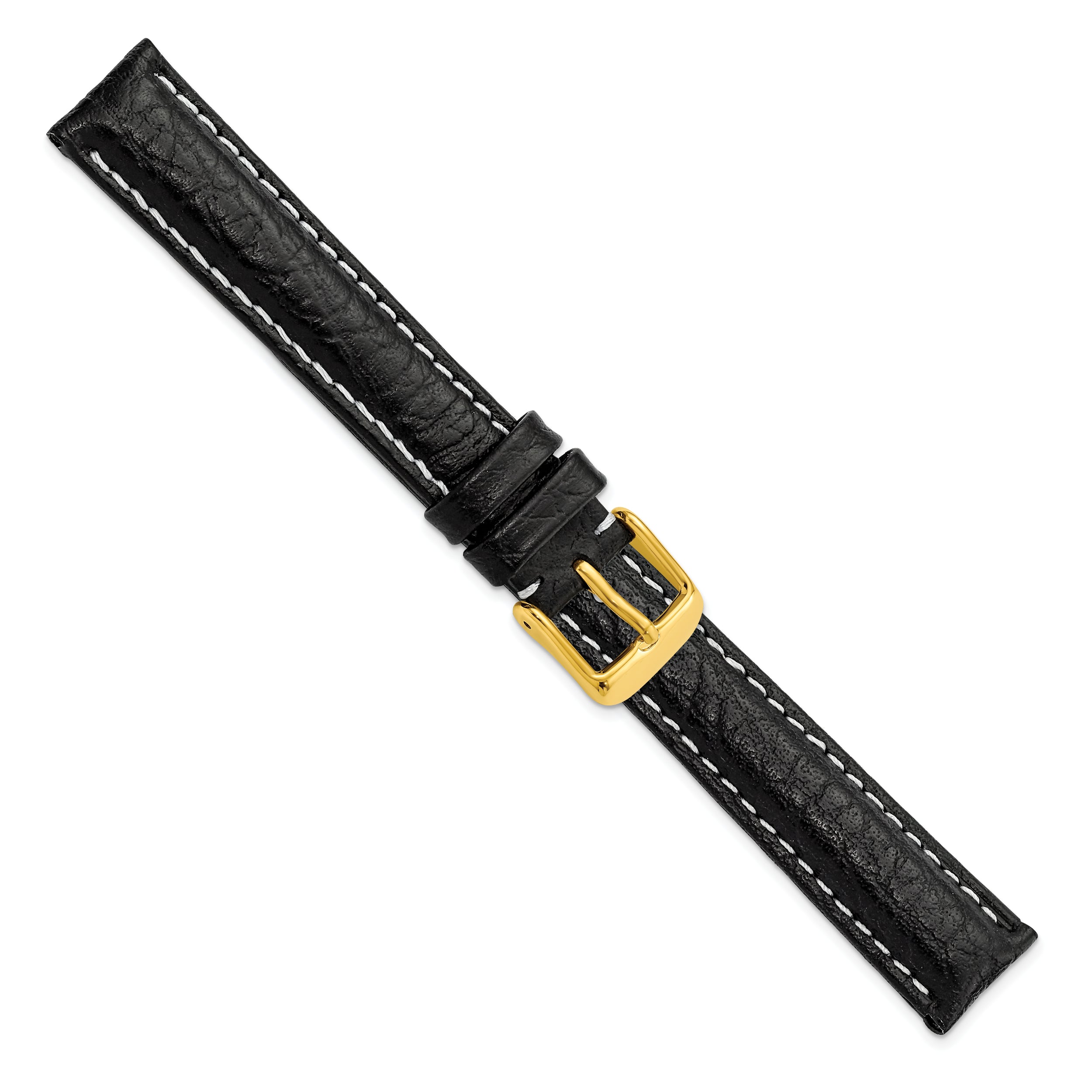 12mm Black Sport Leather with White Stitching and Gold-tone Buckle 6.75 inch Watch Band