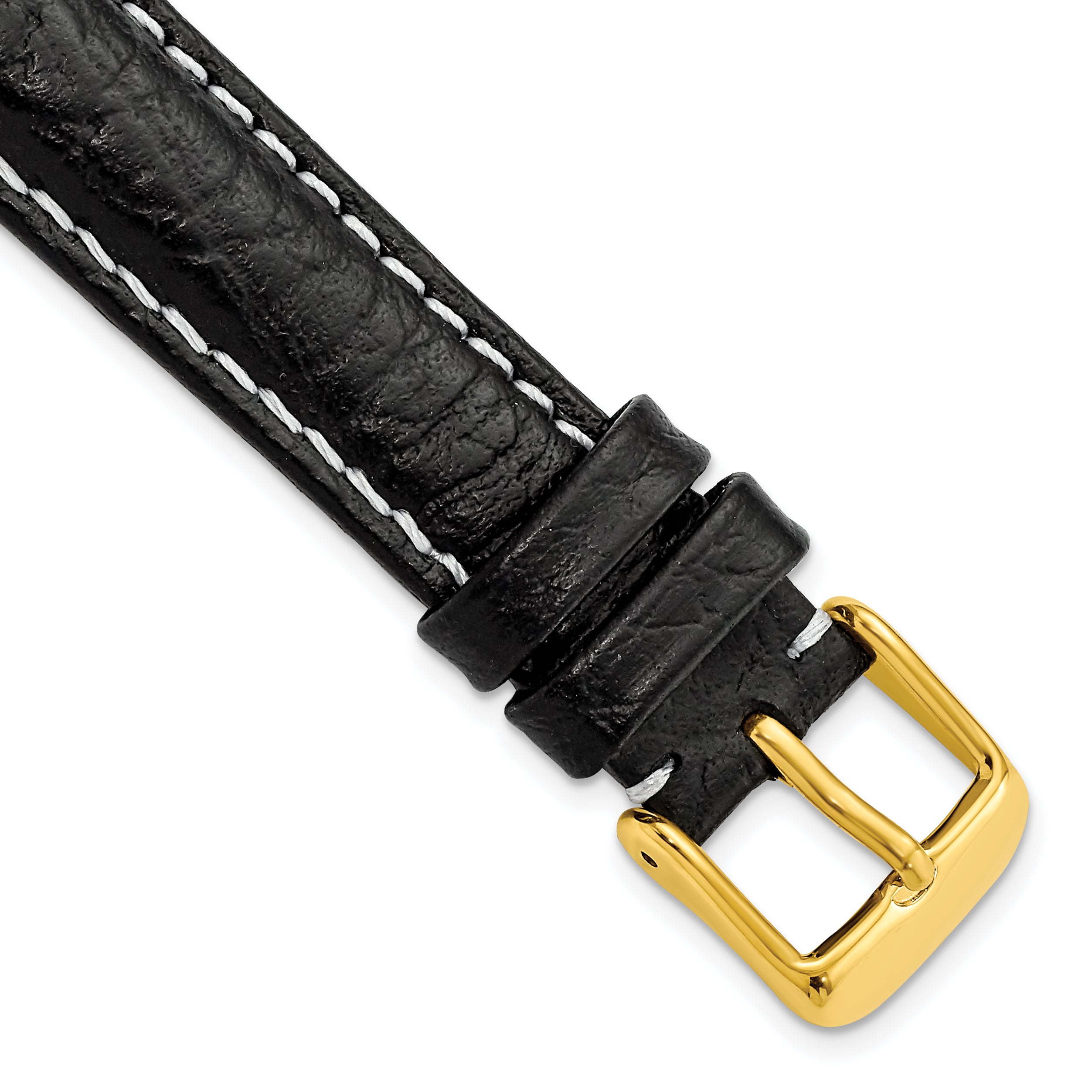 DeBeer 16mm Black Sport Leather with White Stitching and Gold-tone Buckle 7.5 inch Watch Band