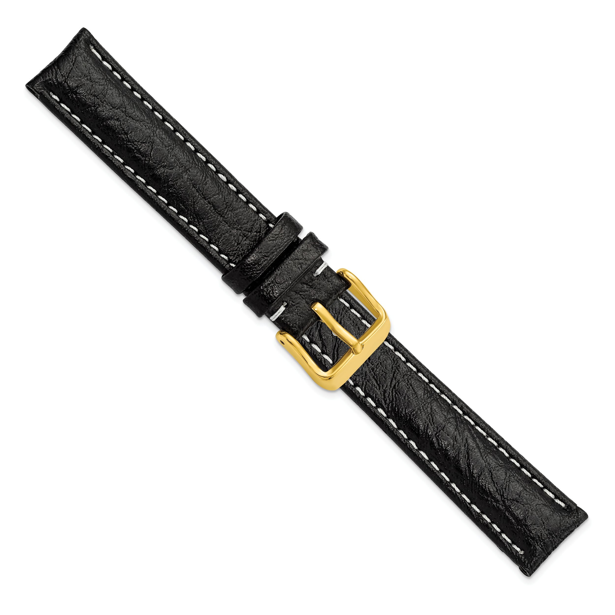 12mm Black Sport Leather with White Stitching and Gold-tone Buckle 6.75 inch Watch Band - 12 / 6.75