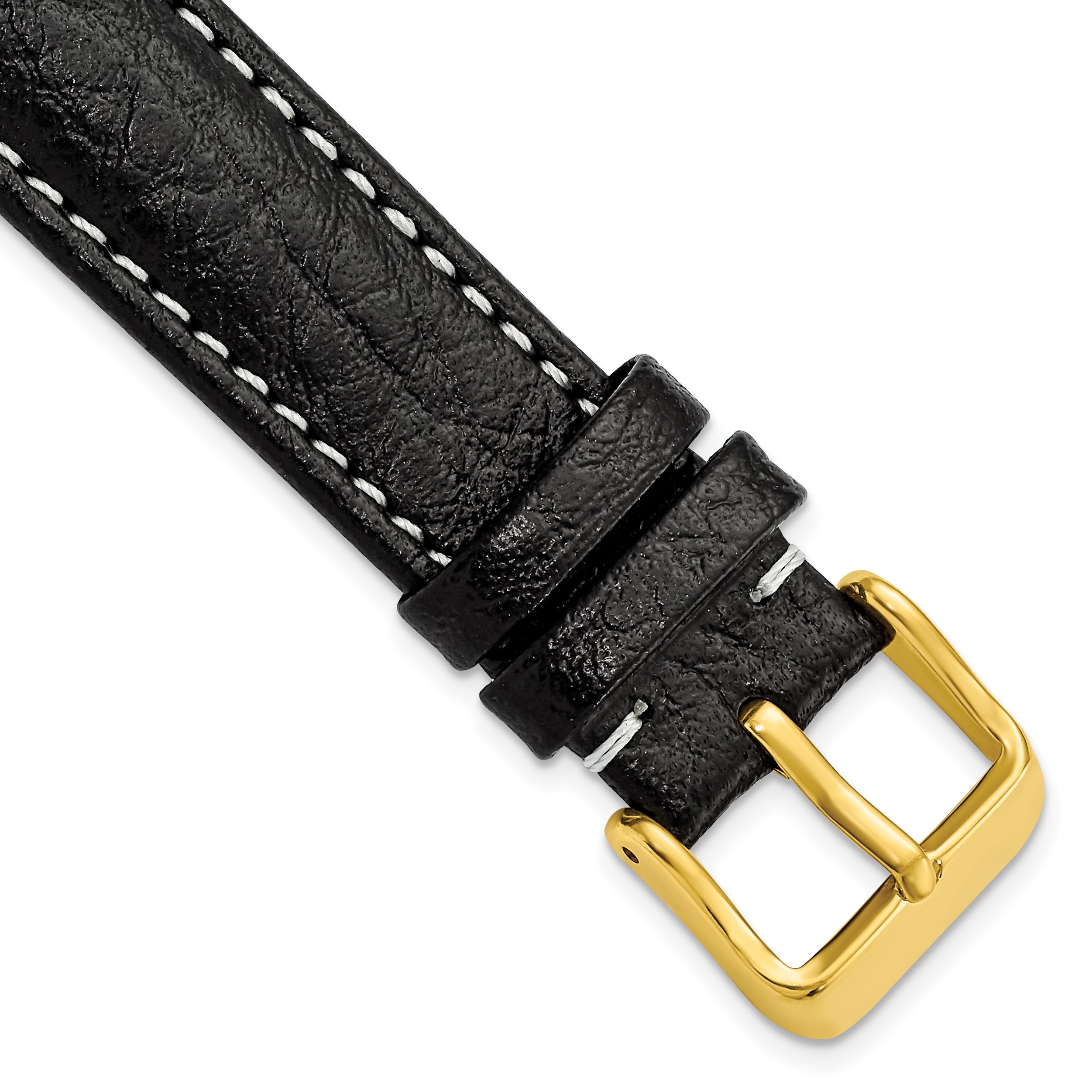 DeBeer 17mm Black Sport Leather with White Stitching and Gold-tone Buckle 7.5 inch Watch Band