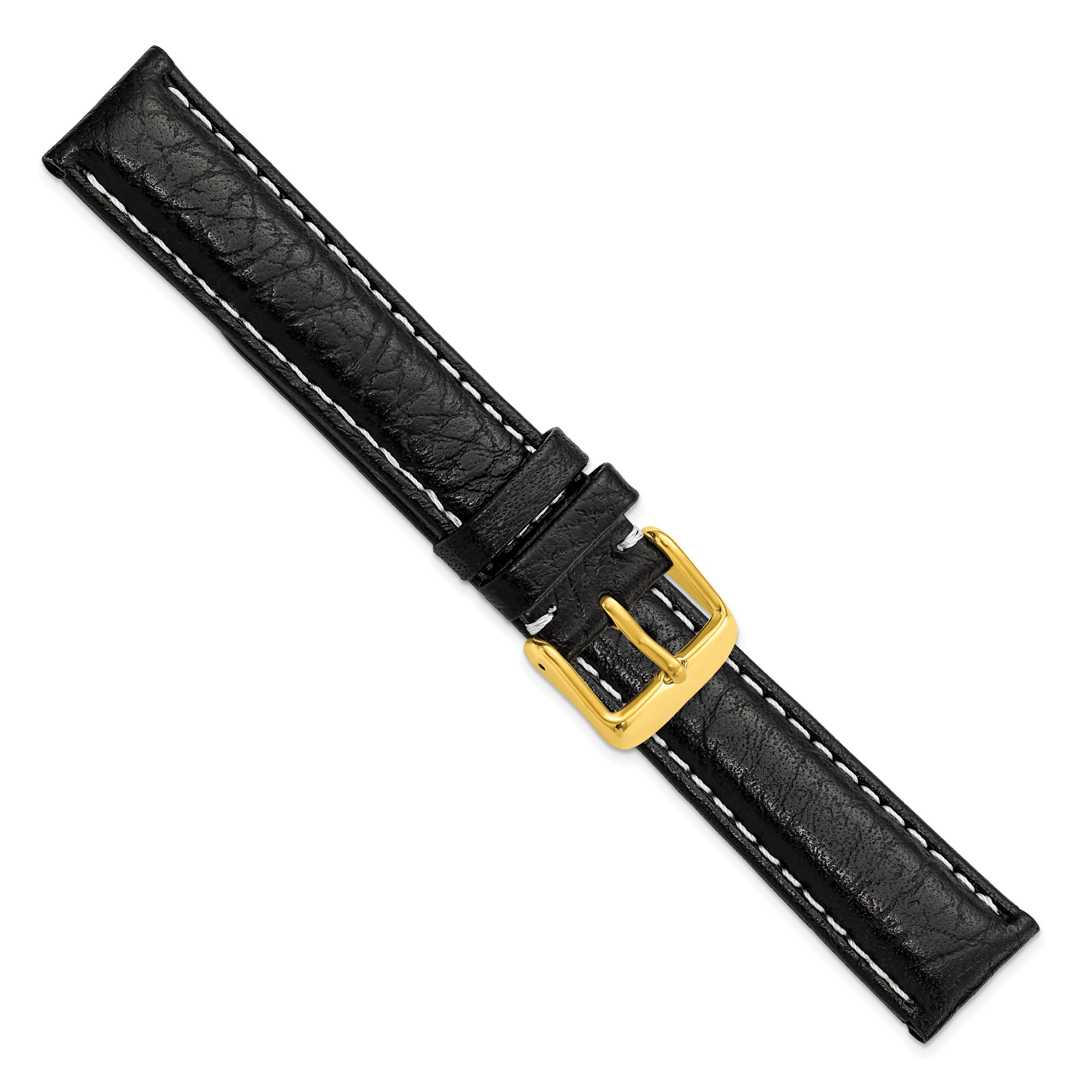 12mm Black Sport Leather with White Stitching and Gold-tone Buckle 6.75 inch Watch Band