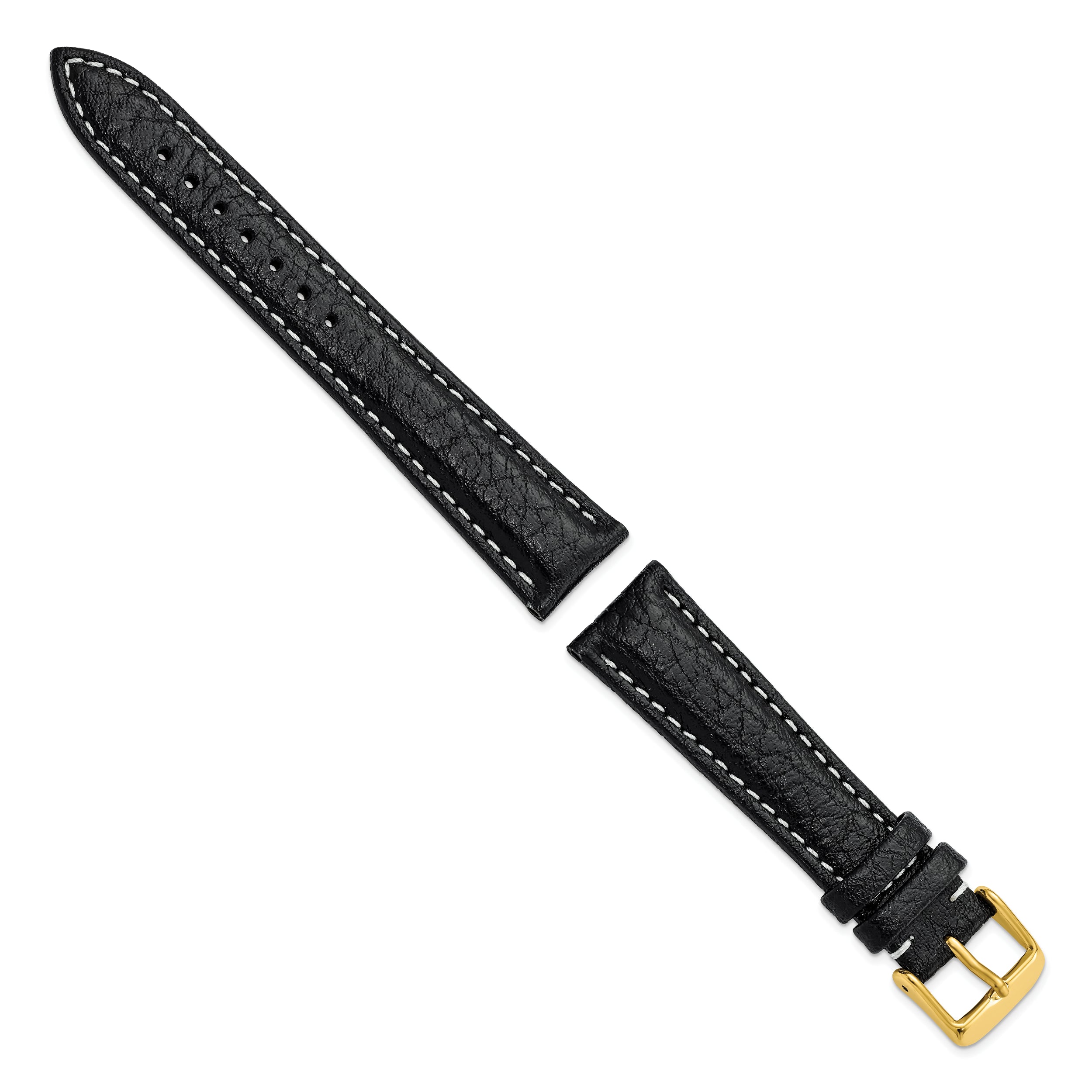 12mm Black Sport Leather with White Stitching and Gold-tone Buckle 6.75 inch Watch Band