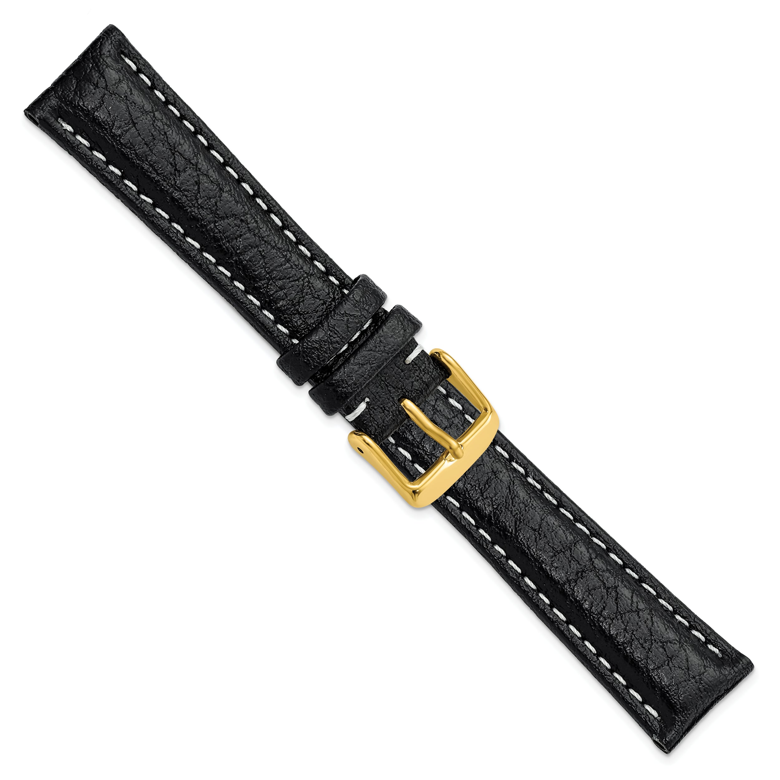 12mm Black Sport Leather with White Stitching and Gold-tone Buckle 6.75 inch Watch Band