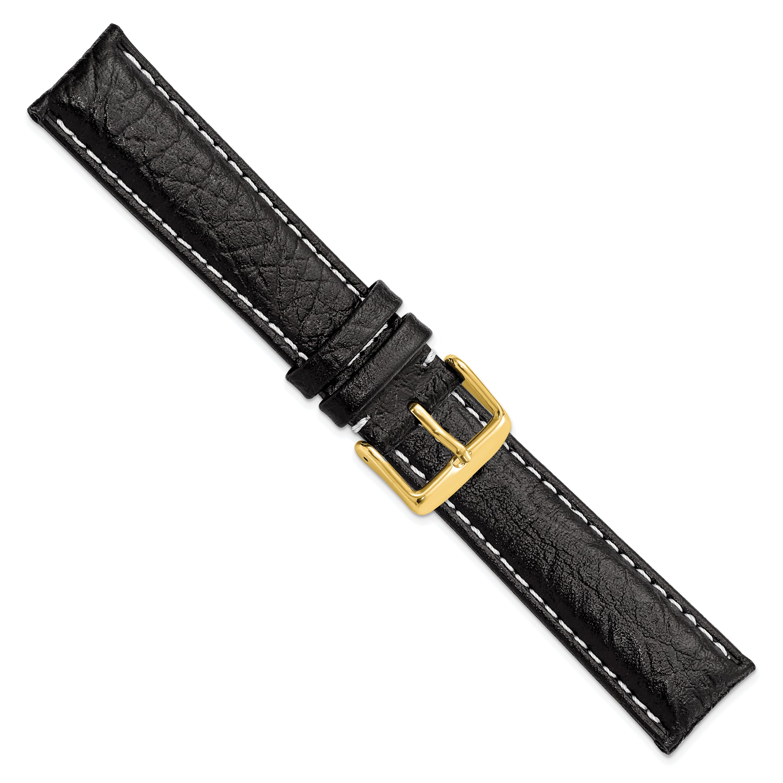 12mm Black Sport Leather with White Stitching and Gold-tone Buckle 6.75 inch Watch Band - 12 / 6.75