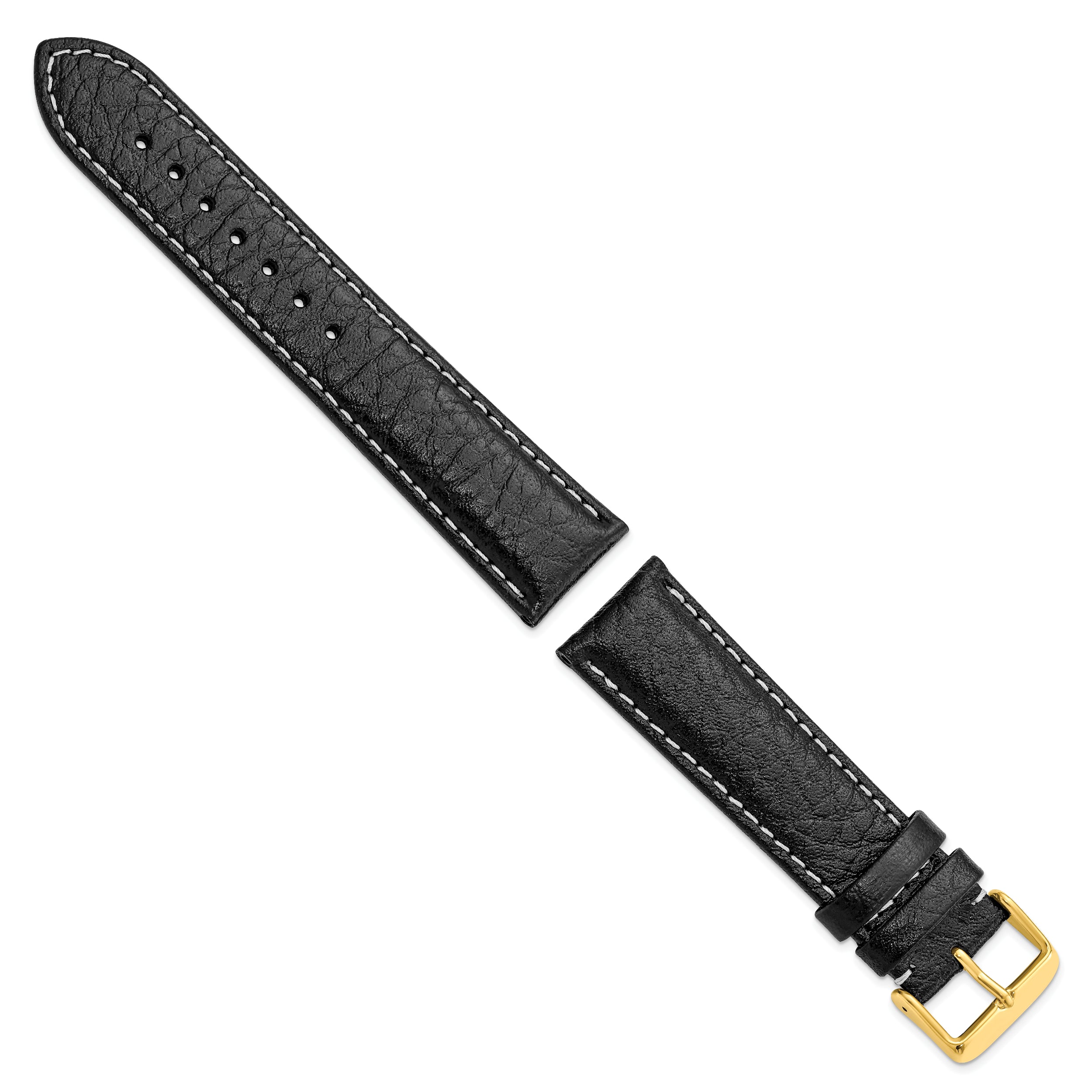12mm Black Sport Leather with White Stitching and Gold-tone Buckle 6.75 inch Watch Band