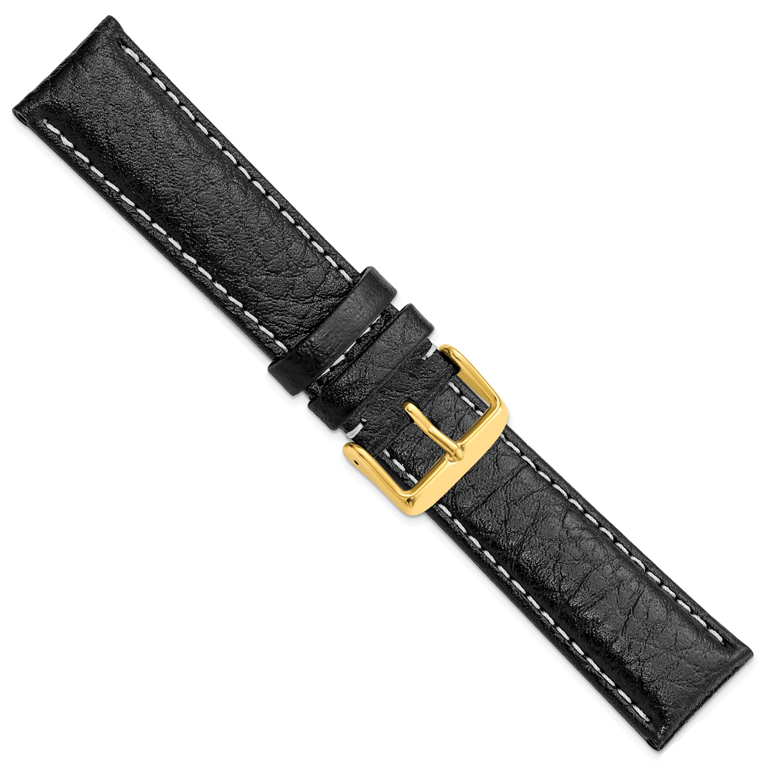 12mm Black Sport Leather with White Stitching and Gold-tone Buckle 6.75 inch Watch Band