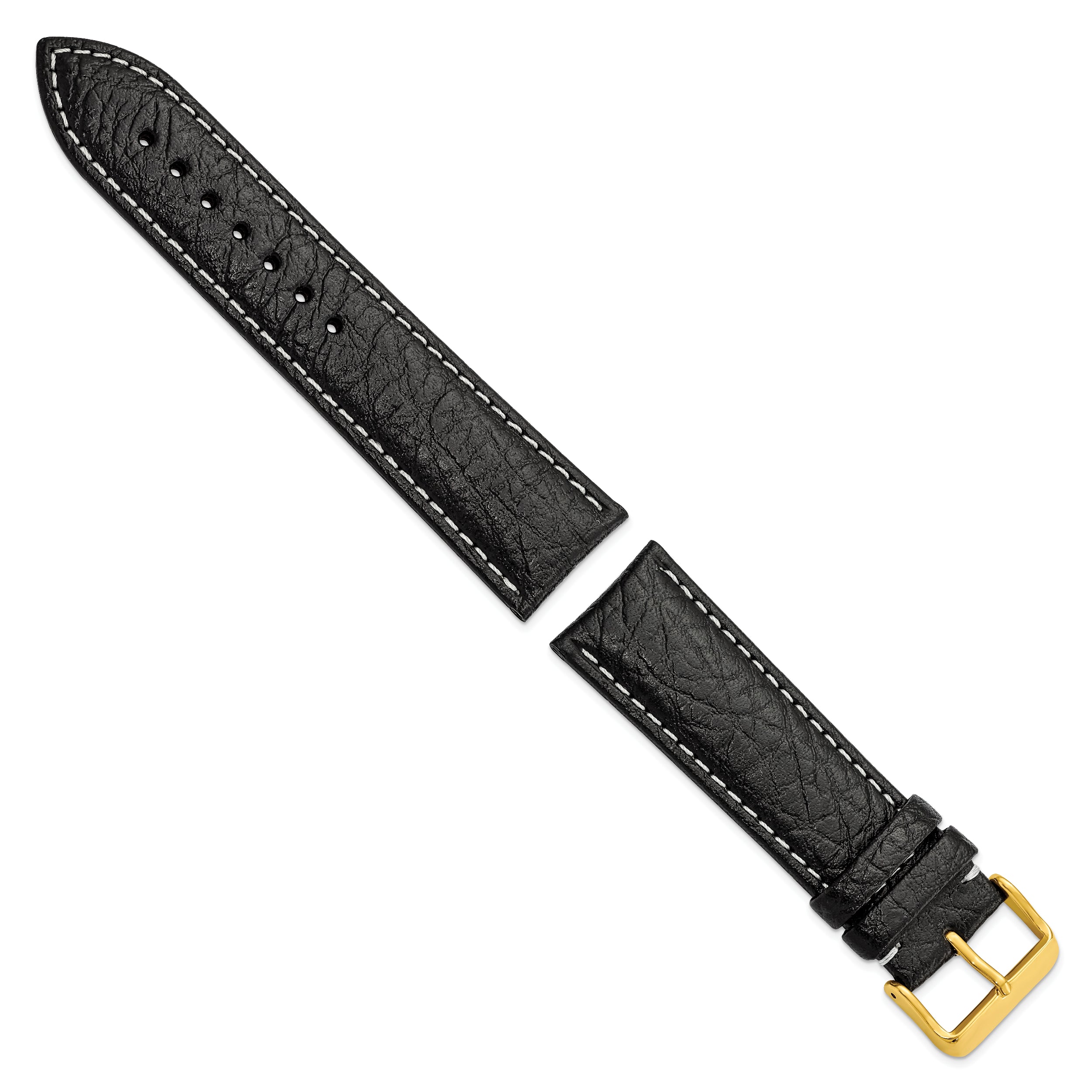 12mm Black Sport Leather with White Stitching and Gold-tone Buckle 6.75 inch Watch Band