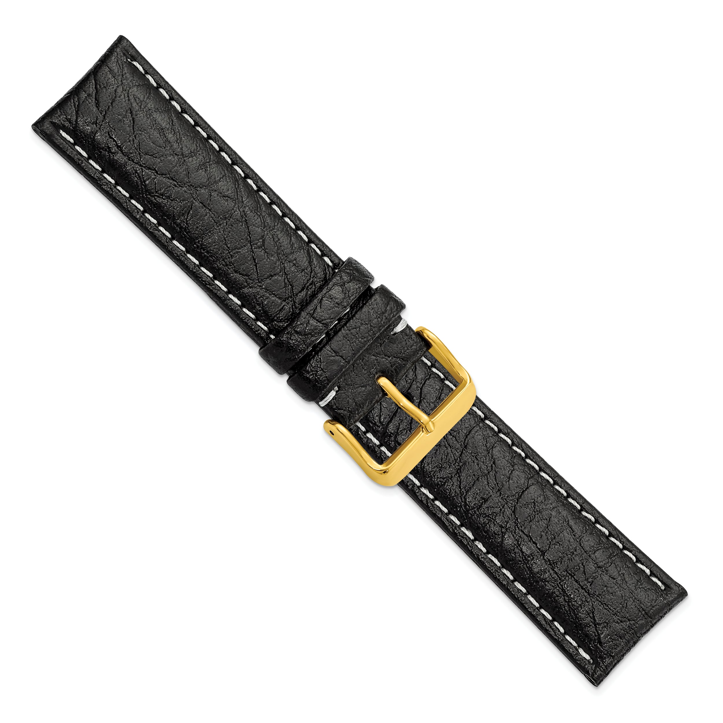 12mm Black Sport Leather with White Stitching and Gold-tone Buckle 6.75 inch Watch Band - 12 / 6.75
