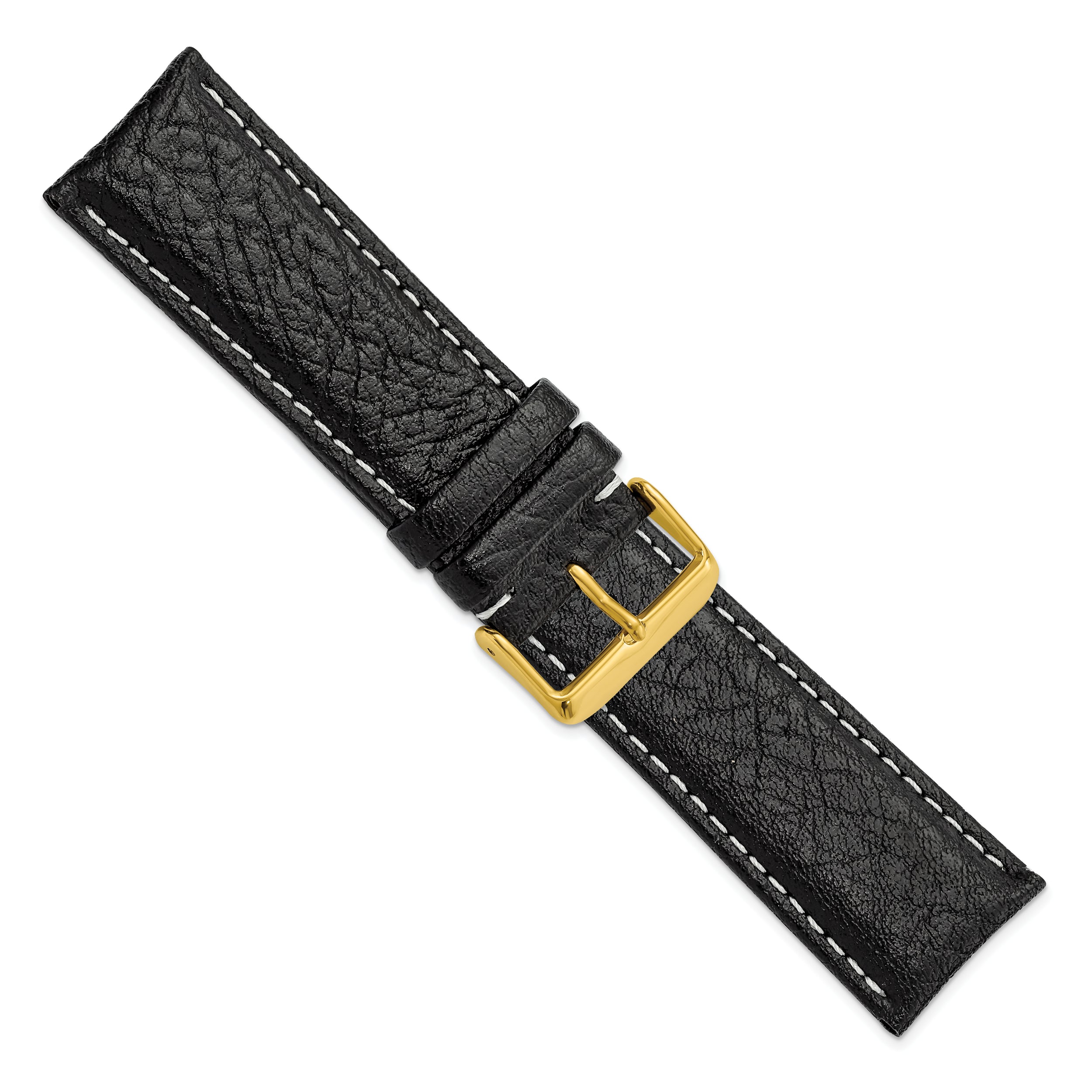 12mm Black Sport Leather with White Stitching and Gold-tone Buckle 6.75 inch Watch Band - 12 / 6.75