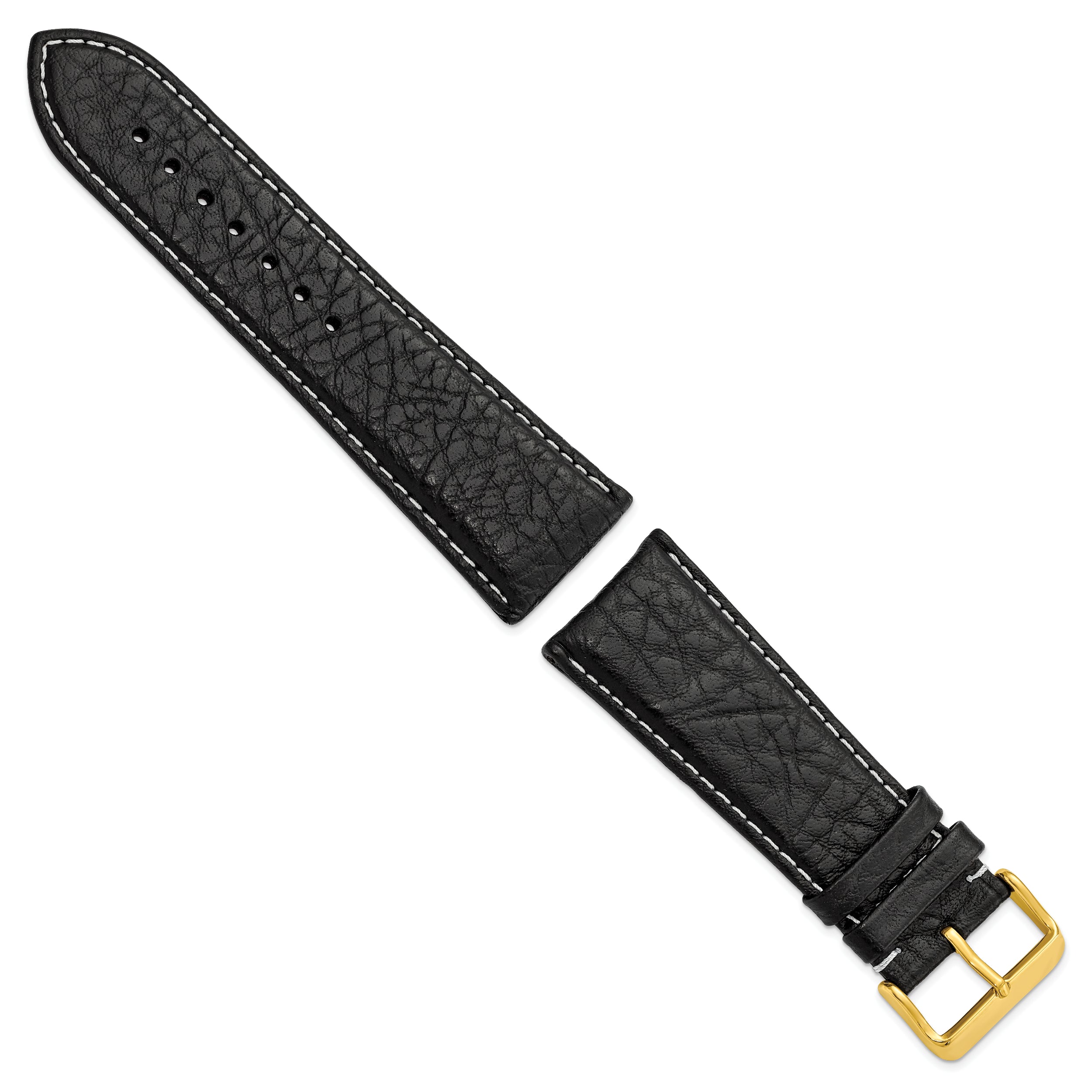 12mm Black Sport Leather with White Stitching and Gold-tone Buckle 6.75 inch Watch Band