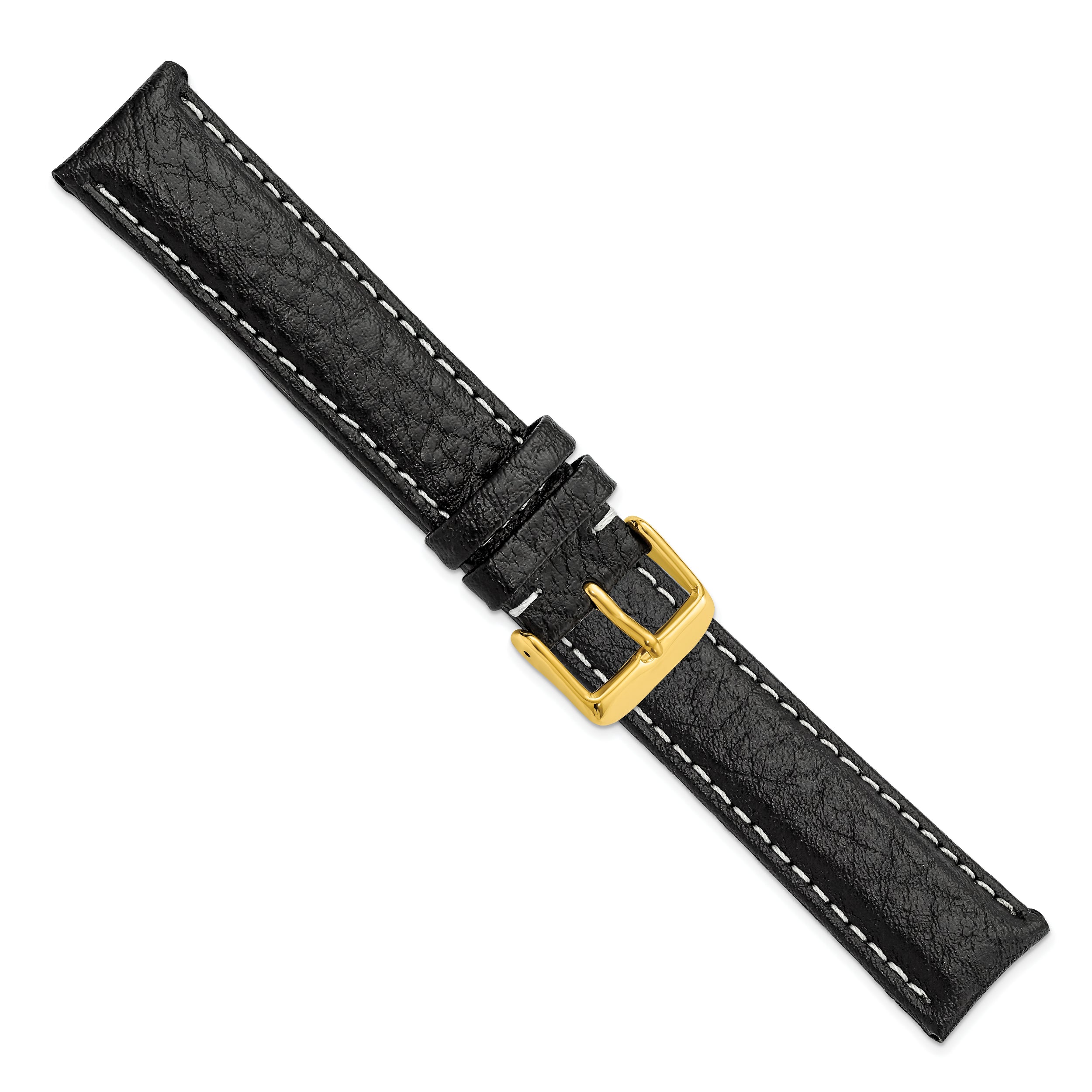 16mm Long Black Sport Leather with White Stitching and Gold-tone Buckle 8.5 inch Watch Band - 16 / 8.5