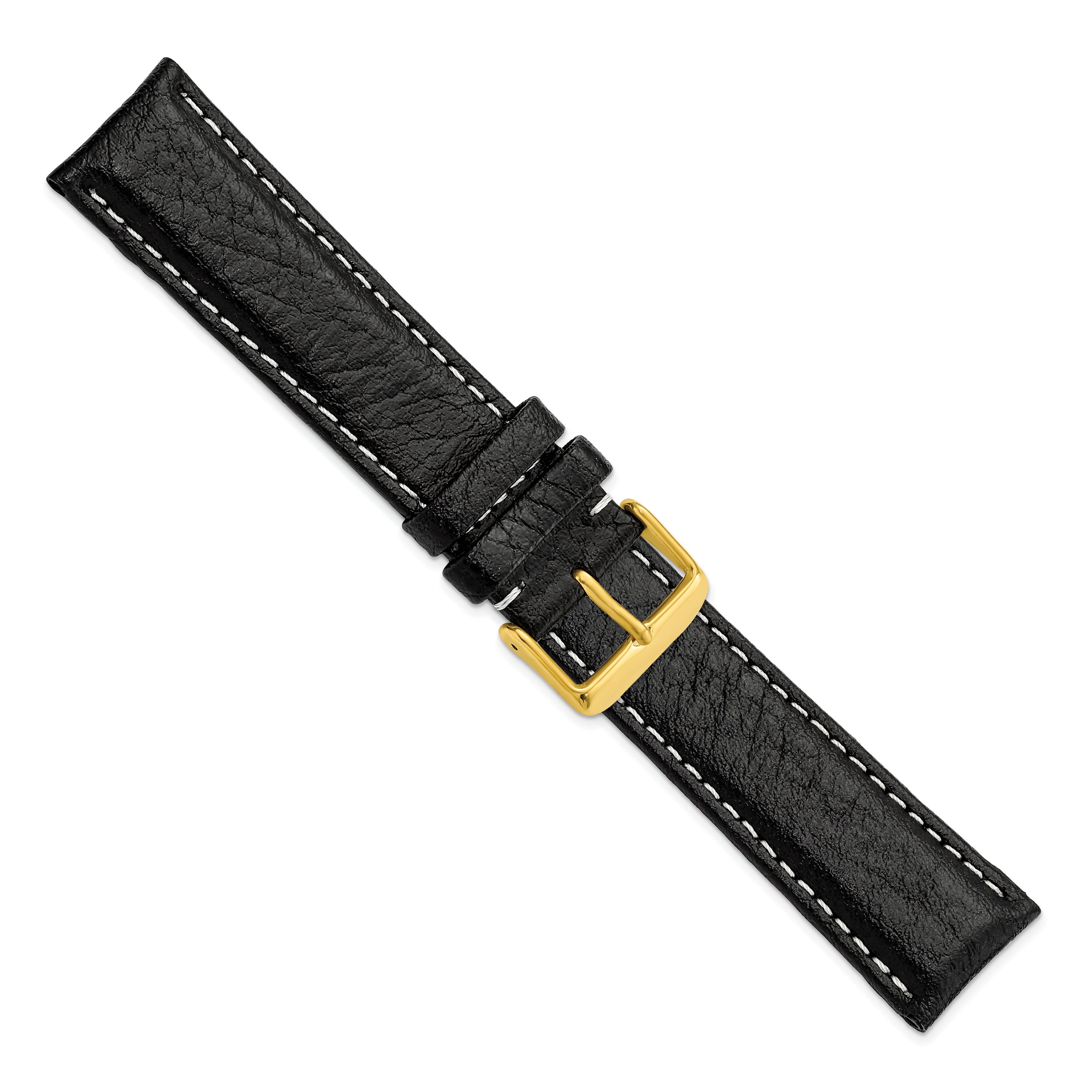 16mm Long Black Sport Leather with White Stitching and Gold-tone Buckle 8.5 inch Watch Band - 16 / 8.5