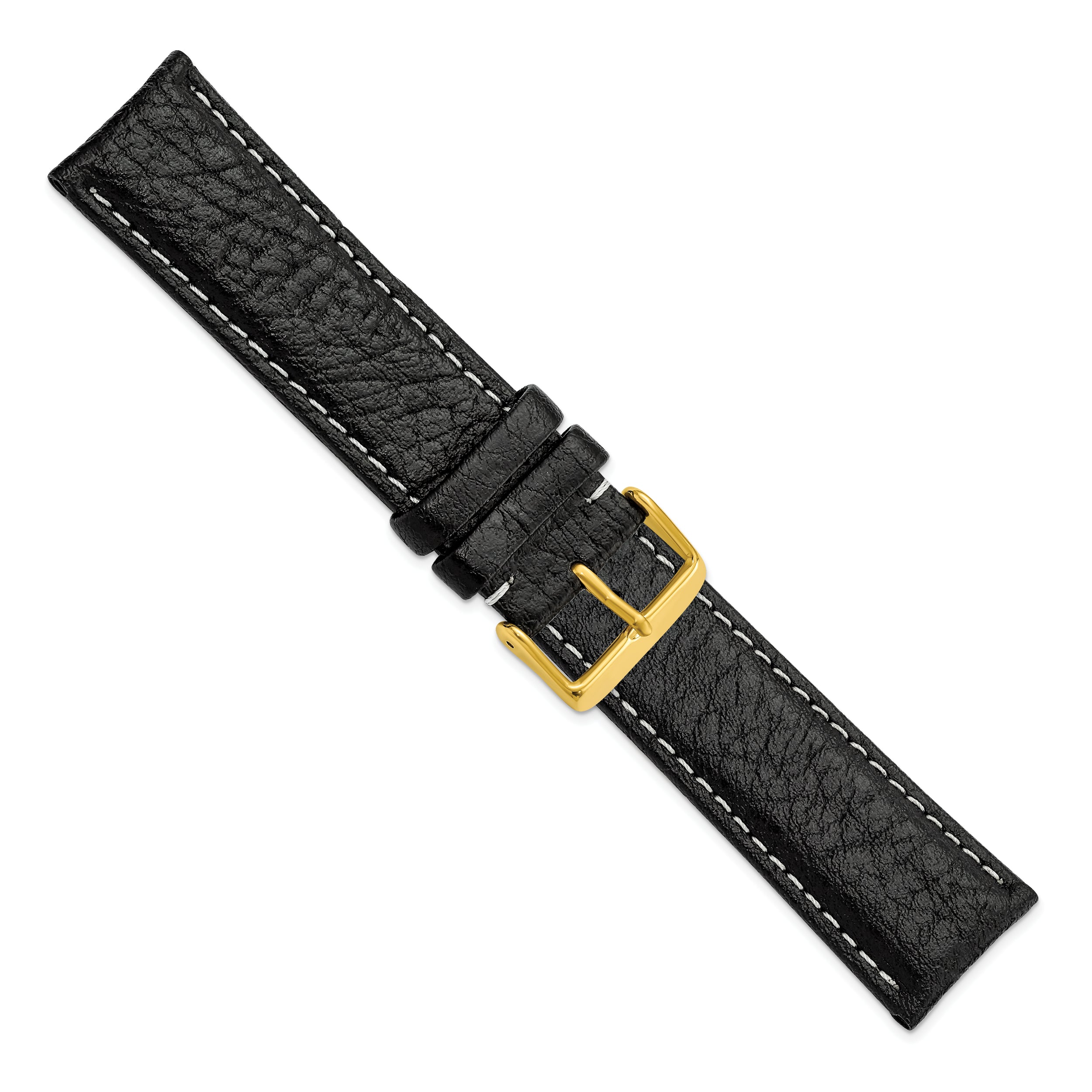 16mm Long Black Sport Leather with White Stitching and Gold-tone Buckle 8.5 inch Watch Band - 16 / 8.5