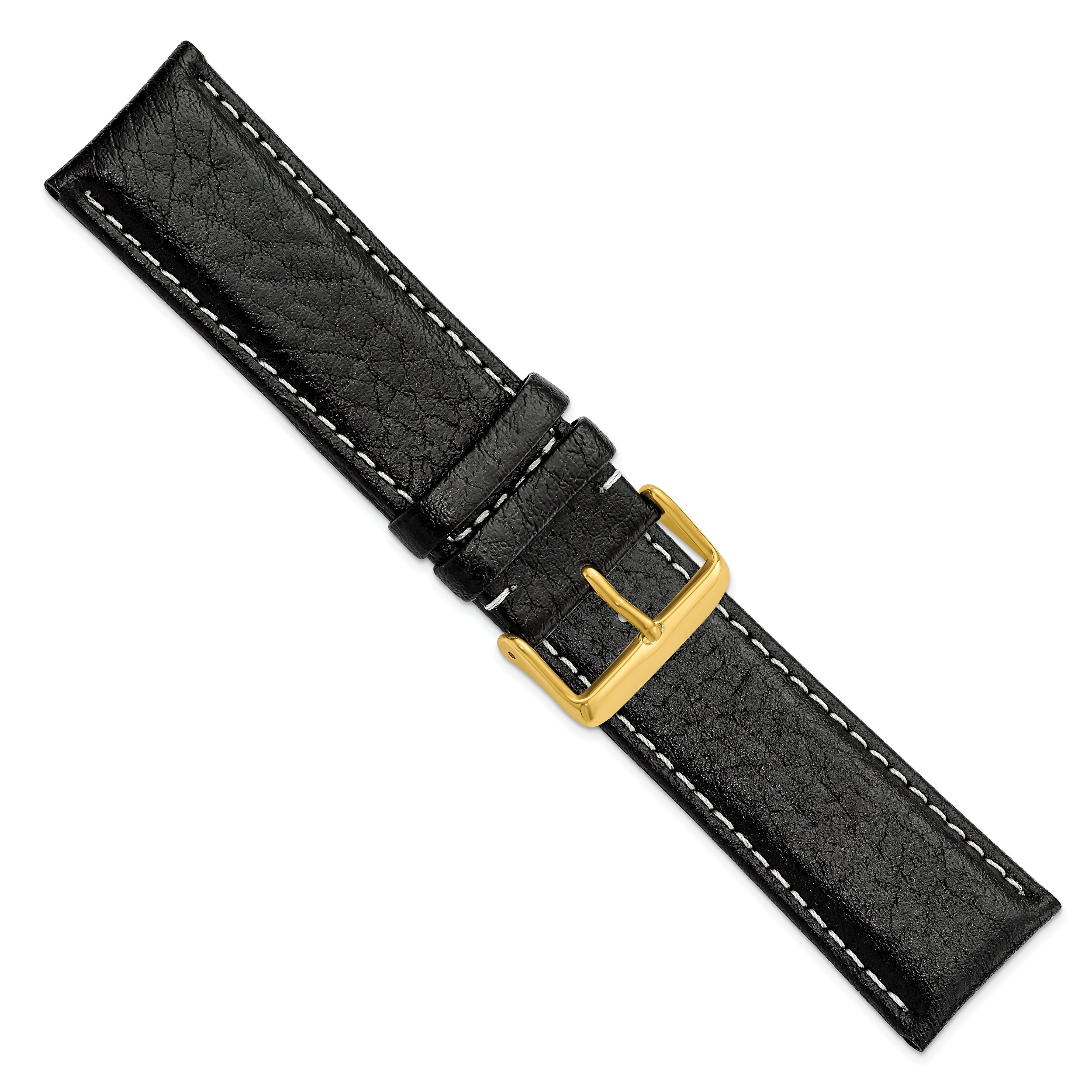 16mm Long Black Sport Leather with White Stitching and Gold-tone Buckle 8.5 inch Watch Band - 16 / 8.5