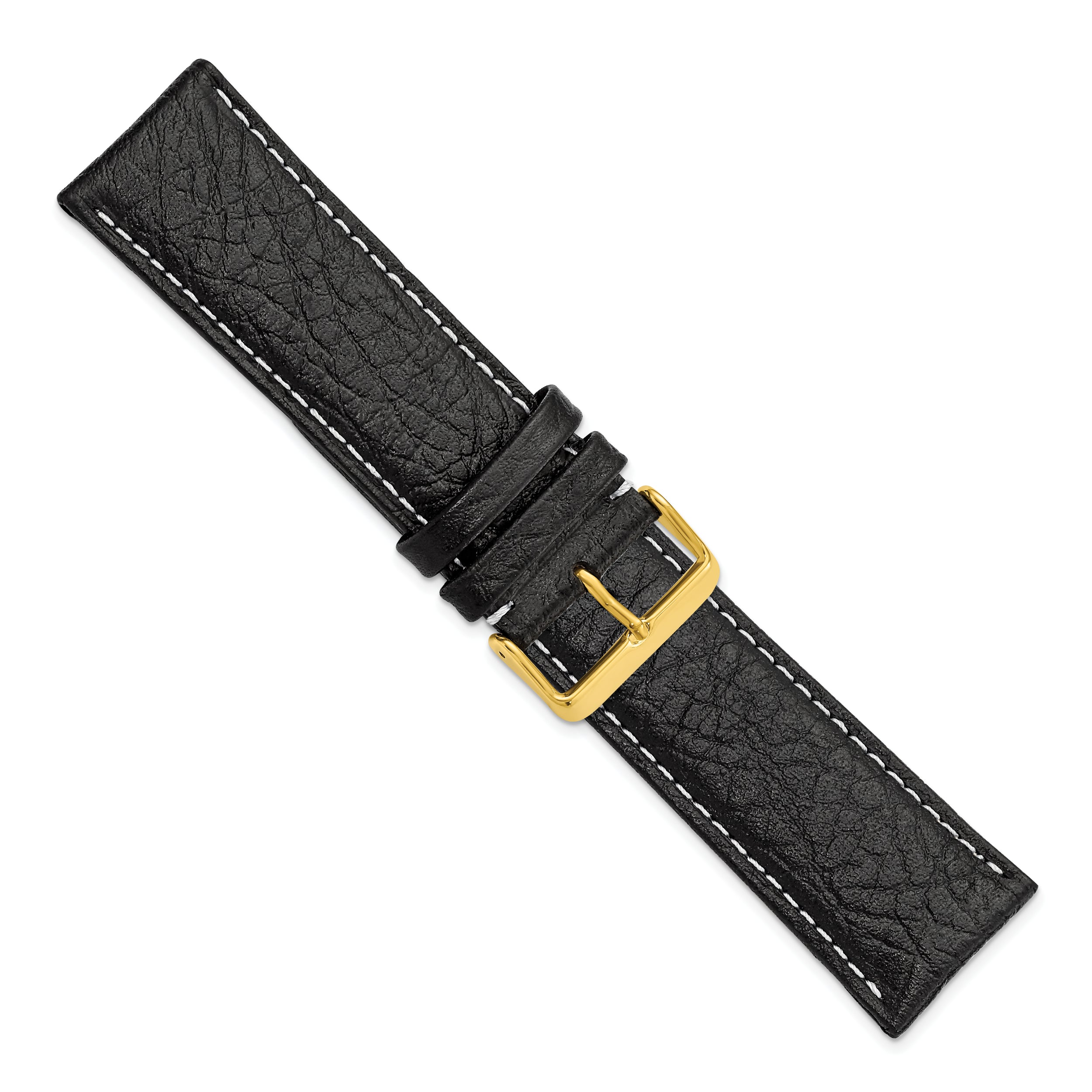 16mm Long Black Sport Leather with White Stitching and Gold-tone Buckle 8.5 inch Watch Band - 16 / 8.5