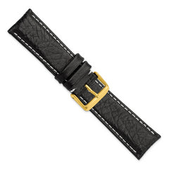 22mm Short Black Sport Leather with White Stitching and Gold-tone Buckle 6.75 inch Watch Band - 22 / 6.75