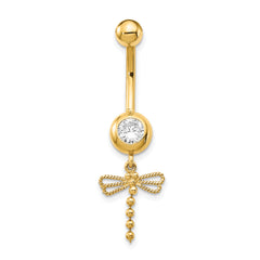 14K Gold Dragonfly Dangle Belly Ring with CZ Accents Polished Finish