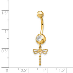 14K Gold Dragonfly Dangle Belly Ring with CZ Accents Polished Finish