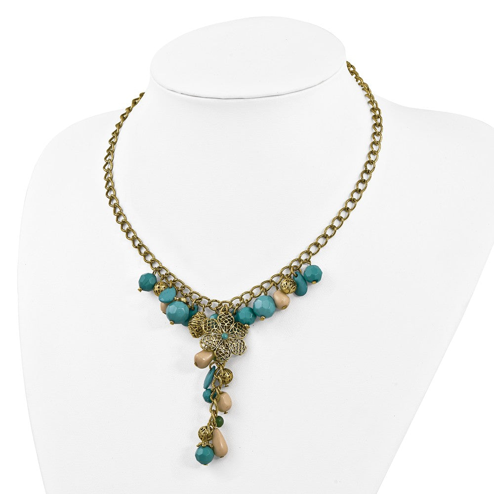 Gold-tone Teal, Green and Cream Acrylic Beads 16in w/ext Necklace