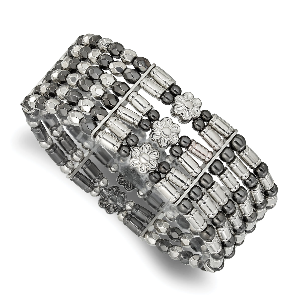 1928 Jewelry Silver-tone & Black-plated Acrylic Beads Two-tone Foral Stretch Bracelet