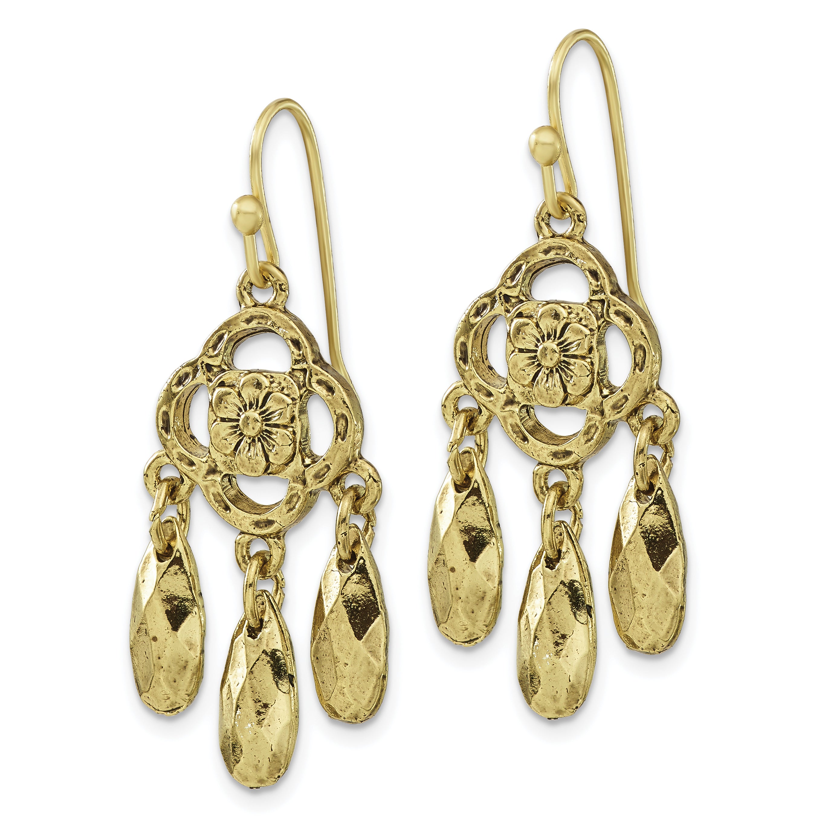 1928 Brass-Tone Flower Dangle Earrings with Faceted Teardrop Design