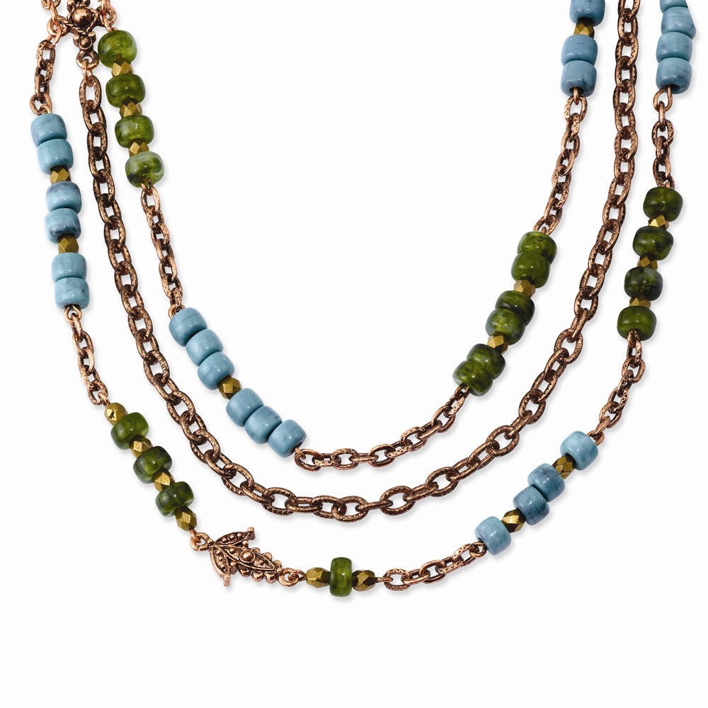 Copper-tone Green, Teal Blue & Brown Acrylic Beads 42in Necklace