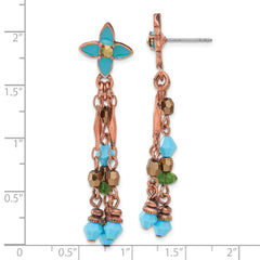 Copper-Tone Teal Enamel Flower Dangle Earrings with Acrylic Beads  Vintage Inspired