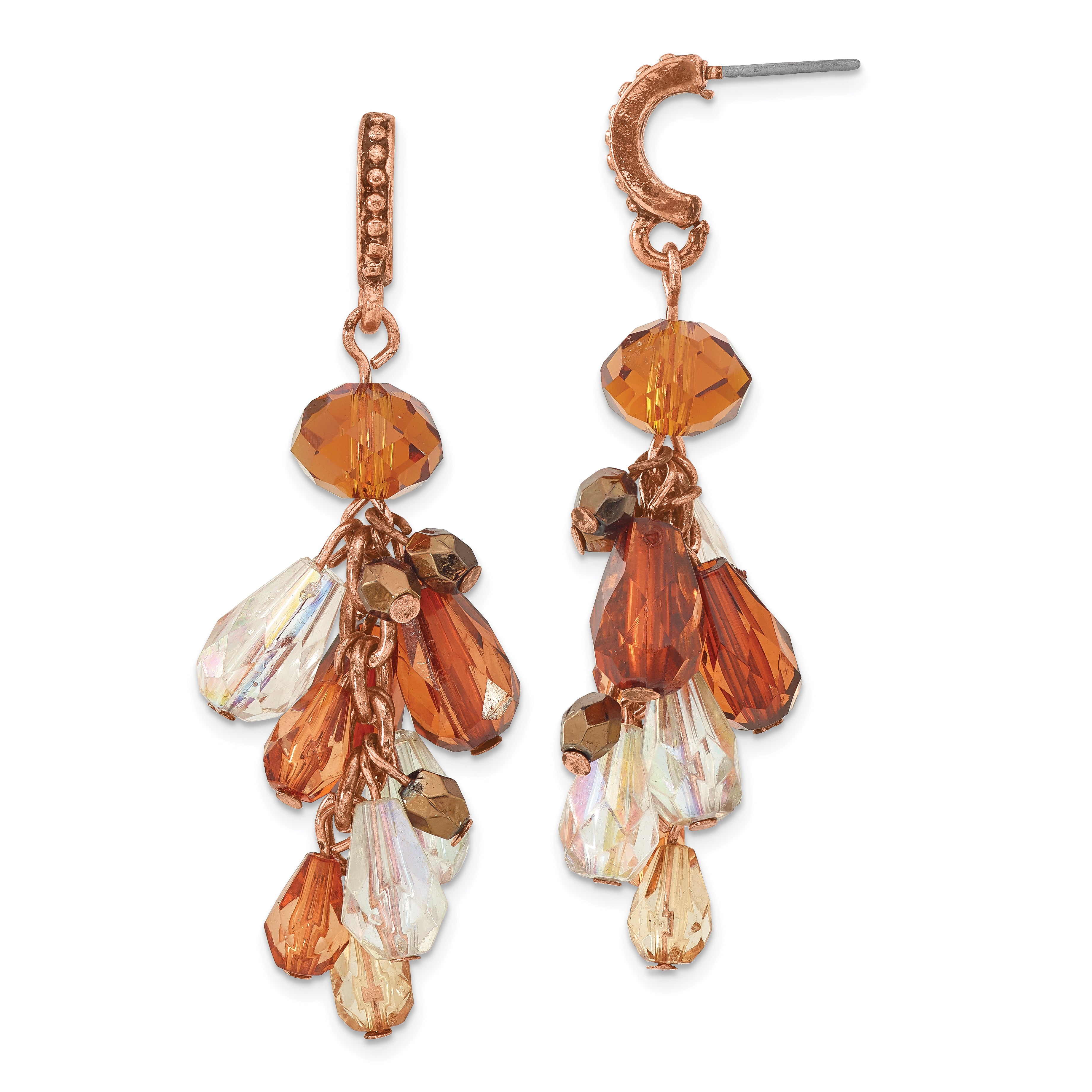 1928 Jewelry Copper-tone Multicolor Brown Hues Faceted Acrylic Beads Cluster Dangle Post Earrings