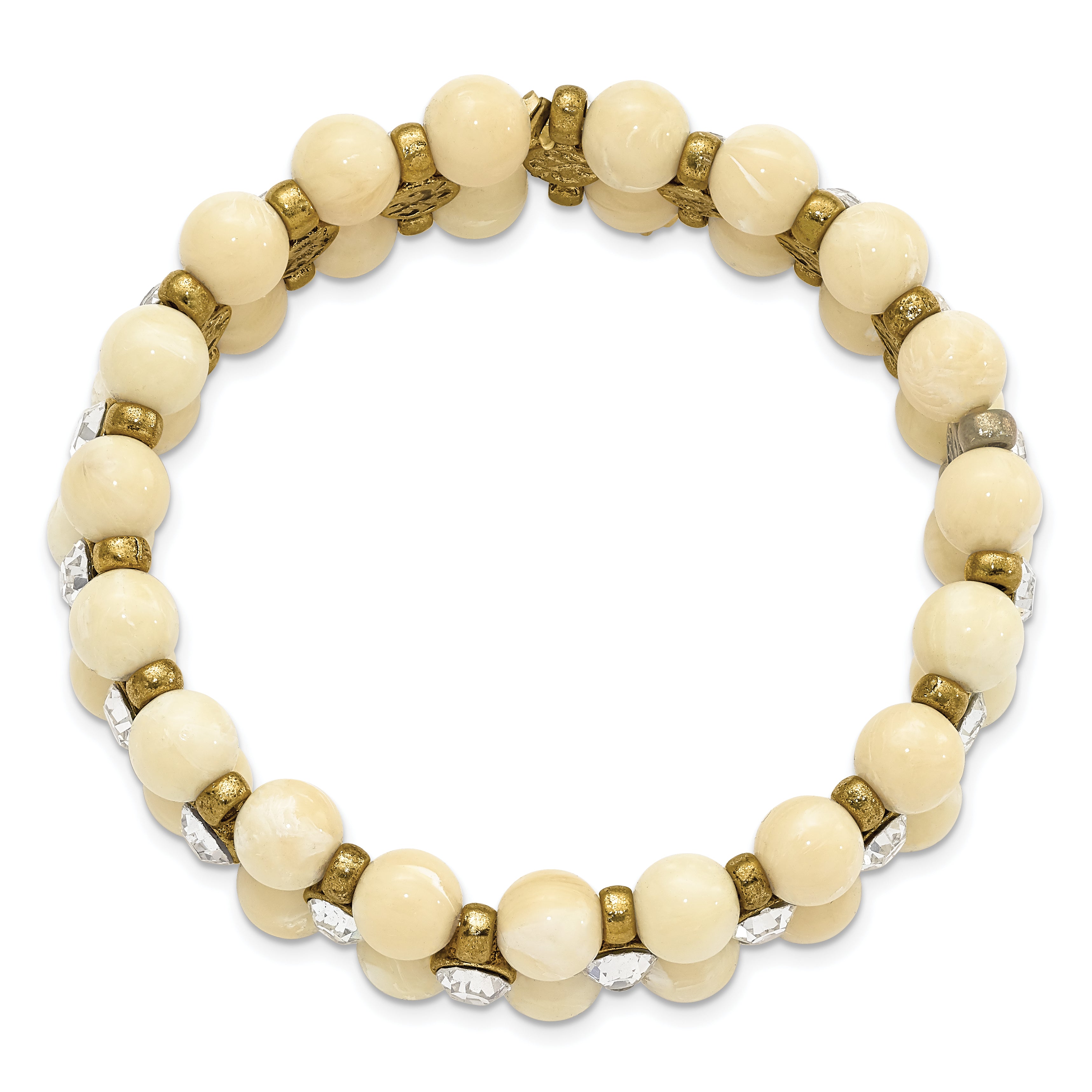 1928 Brass-Tone Stretch Bracelet with Cream Acrylic & Clear Glass Accents