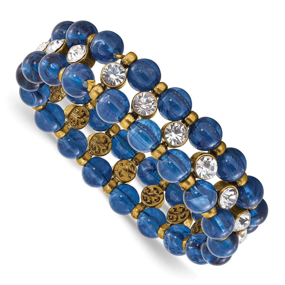 1928 Brass-tone Blue Acrylic Beads & Clear Glass Stones Stretch Bracelet