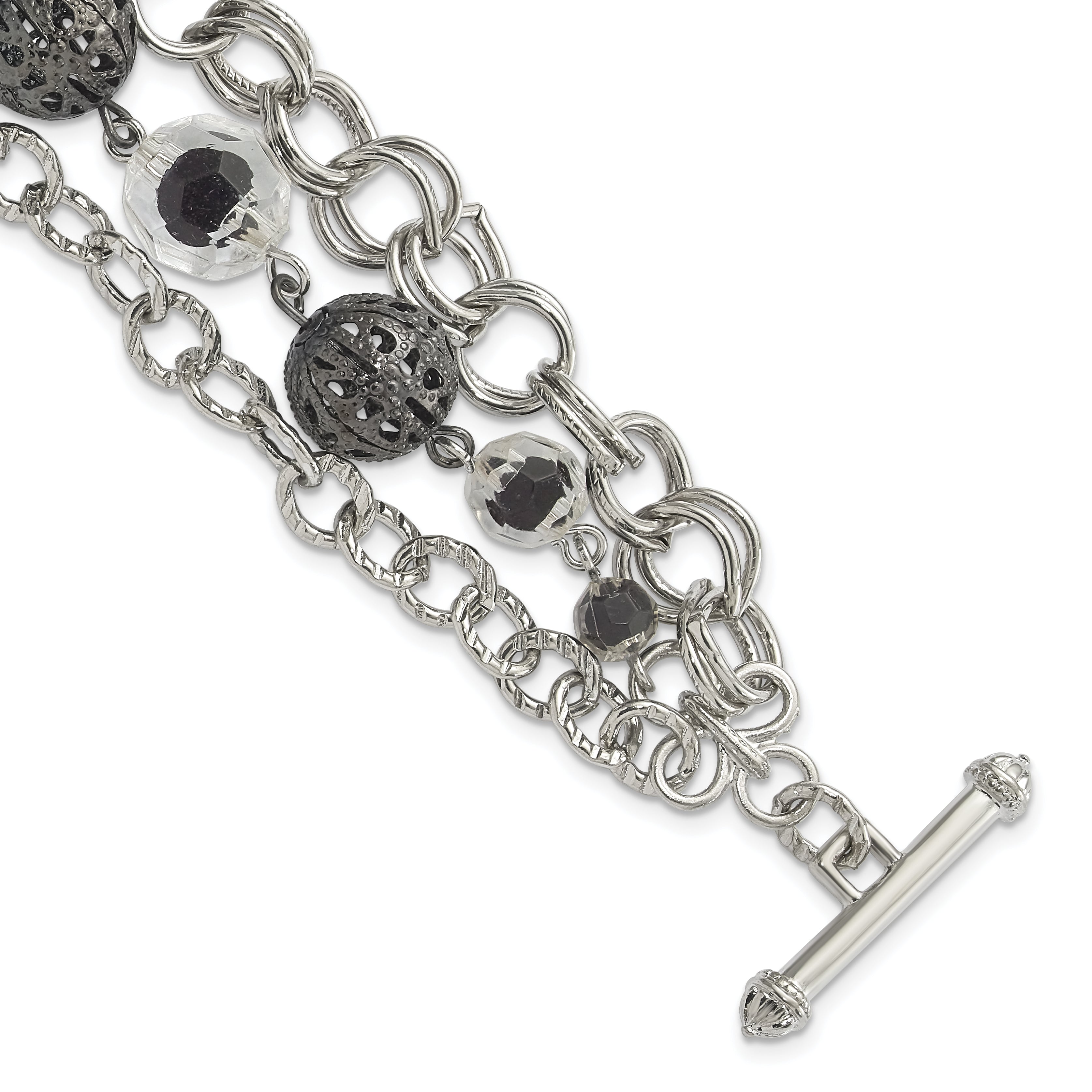 1928 Jewelry Silver-tone Link Black-plated Textured Bead Clear and Black Glass and Acrylic Beads Three Row 7 inch Toggle Bracelet