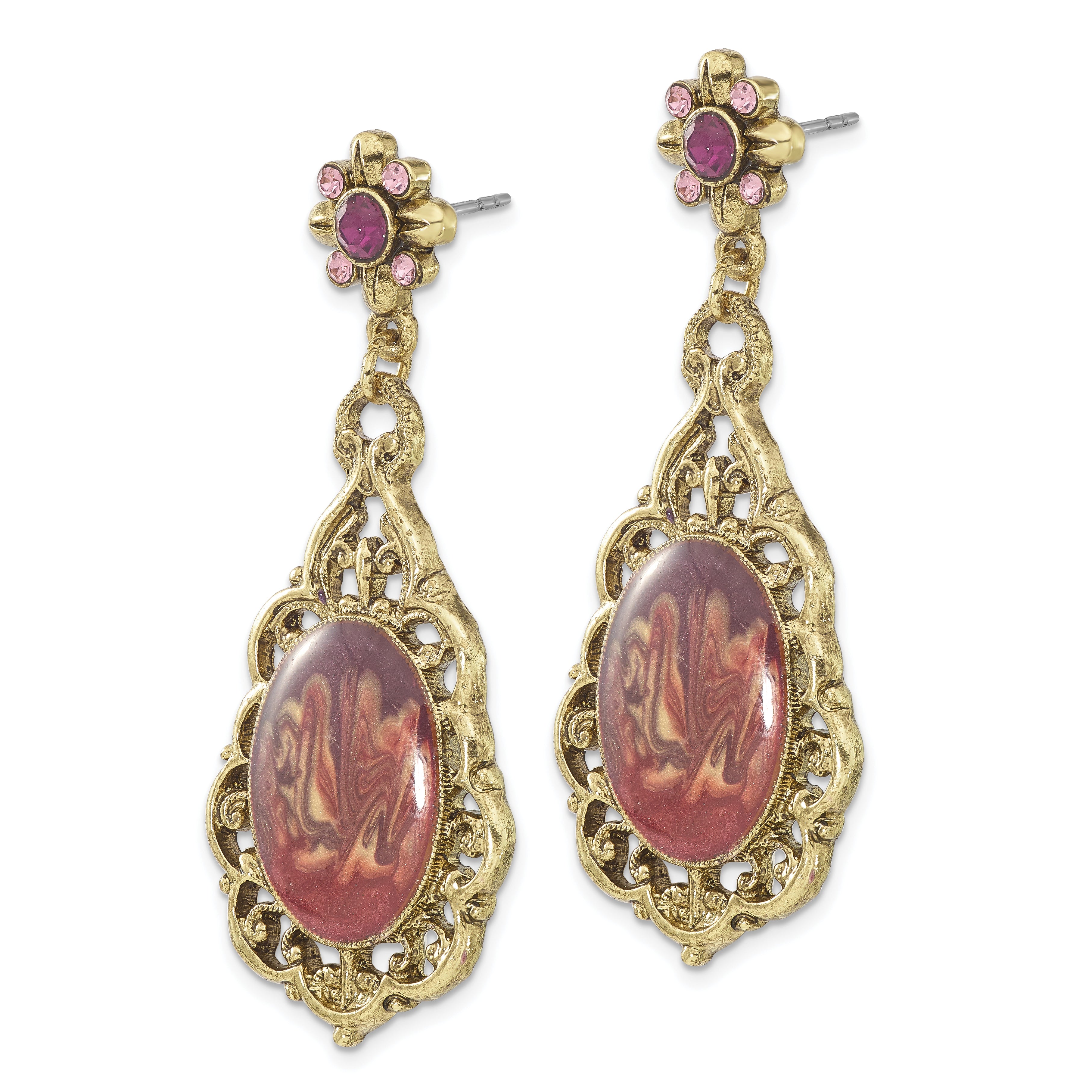 **1928 Brass-tone Filigree Purple Crystal Enamel Teardrop Dangle Earrings for Women**
