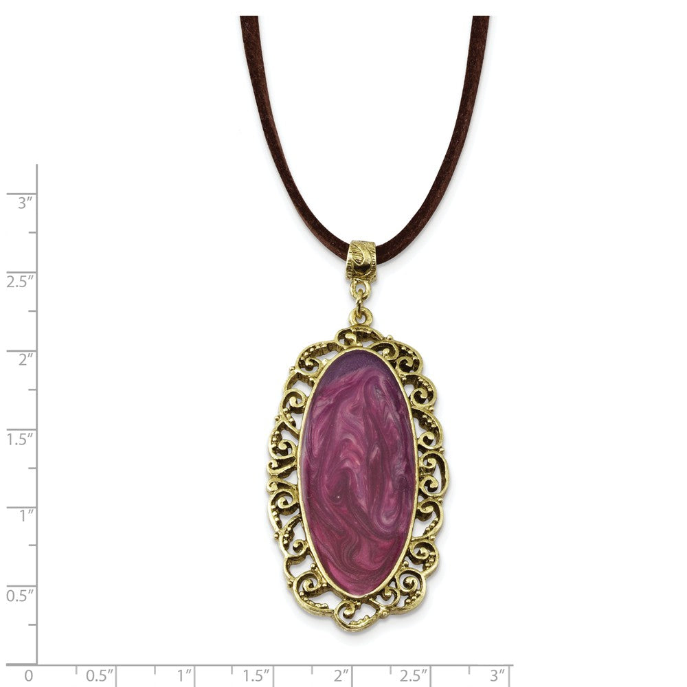 Brass-tone Purple Enamel Oval w/Faux Suede Cord 30in Necklace
