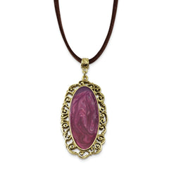 Brass-tone Purple Enamel Oval With Faux Suede Cord 30in Necklace
