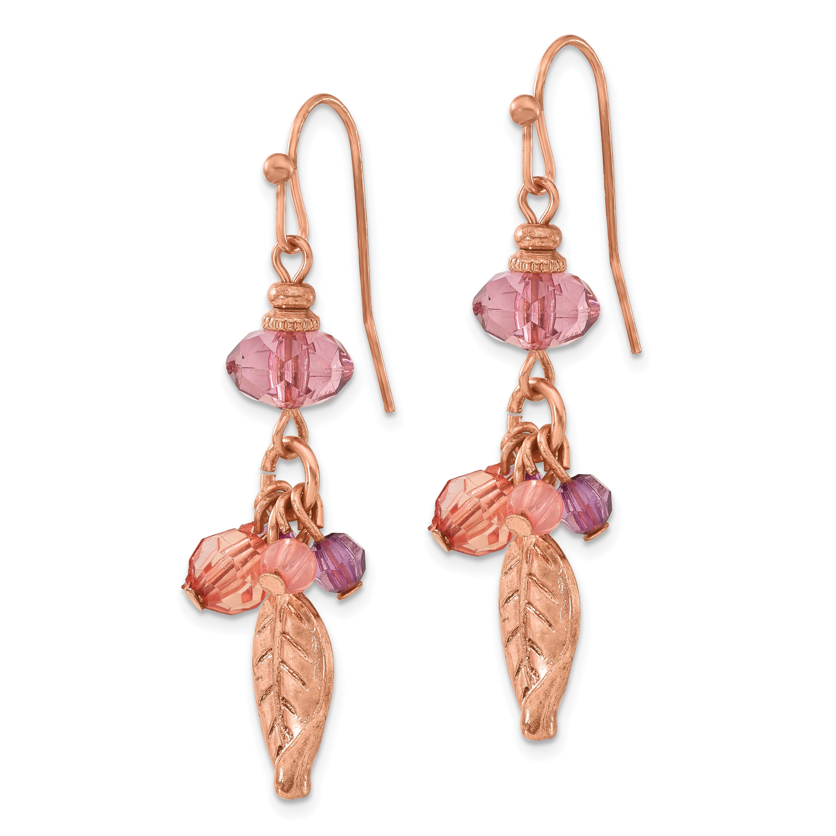 1928 Jewelry Rose-tone Leaf Pink and Purple Faceted Acrylic Beads Dangle Earrings