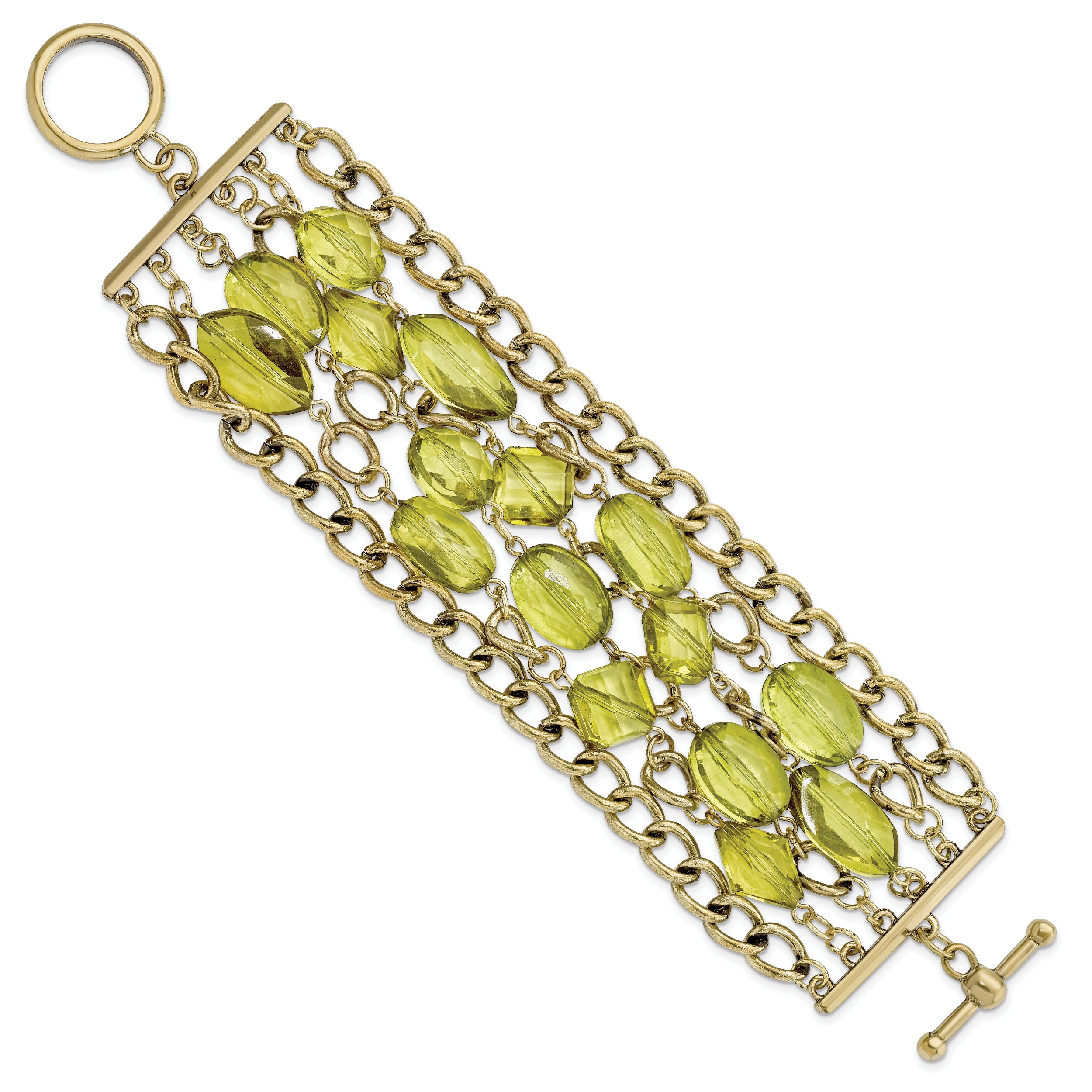 1928 Jewelry Brass-tone Link and Olive Green Faceted Acrylic Beads Wide Six Row 8 inch Toggle Bracelet