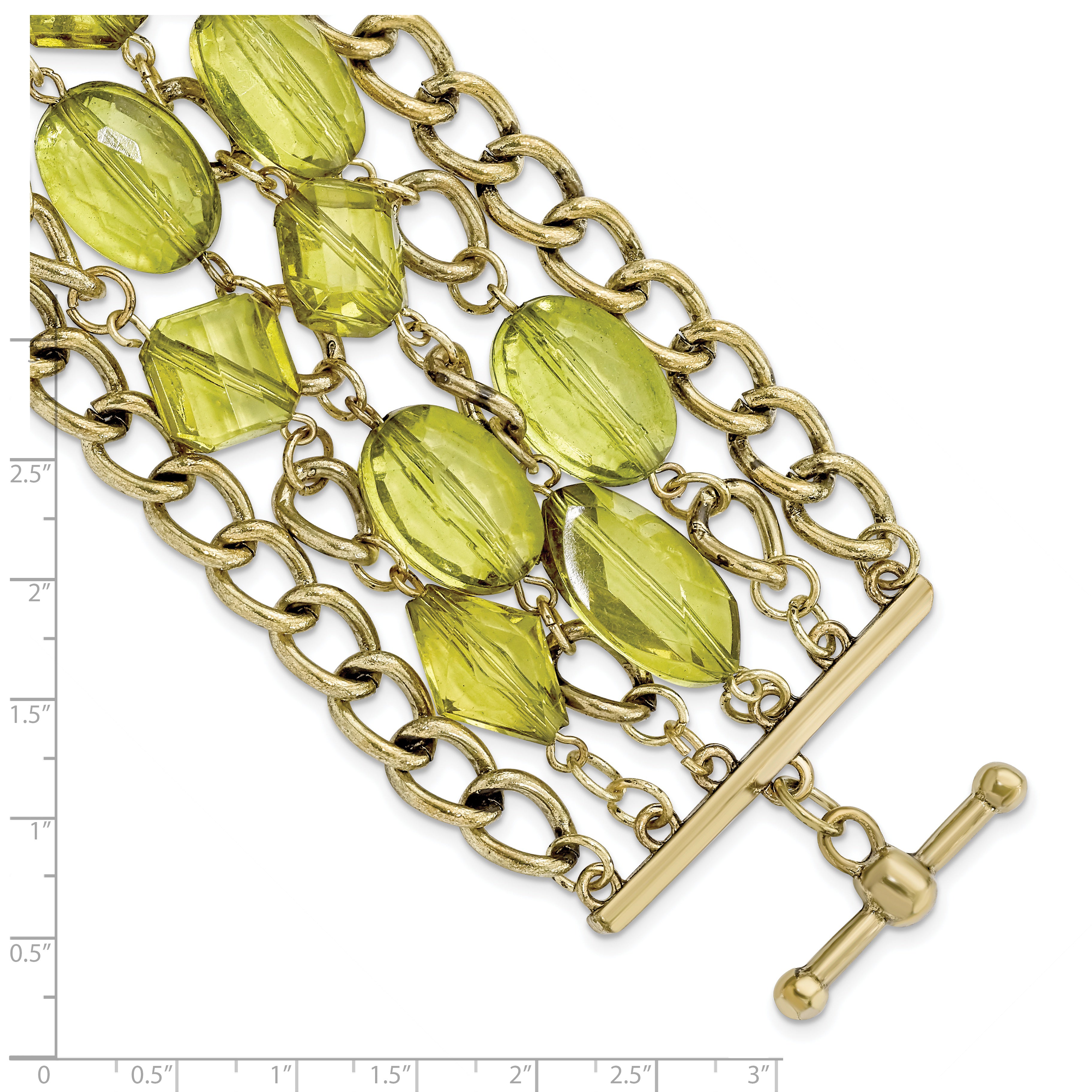 1928 Jewelry Brass-tone Link and Olive Green Faceted Acrylic Beads Wide Six Row 8 inch Toggle Bracelet