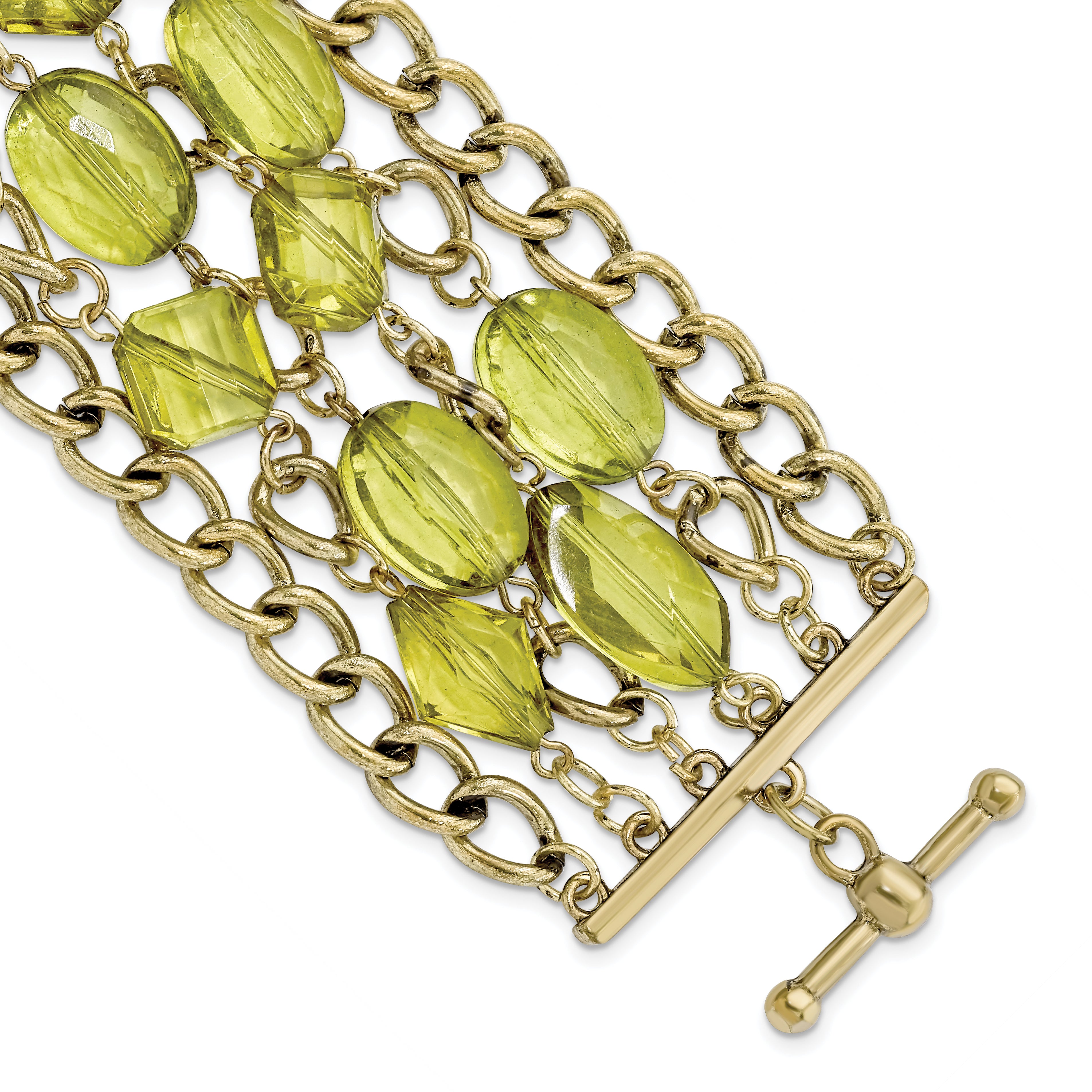 1928 Jewelry Brass-tone Link and Olive Green Faceted Acrylic Beads Wide Six Row 8 inch Toggle Bracelet