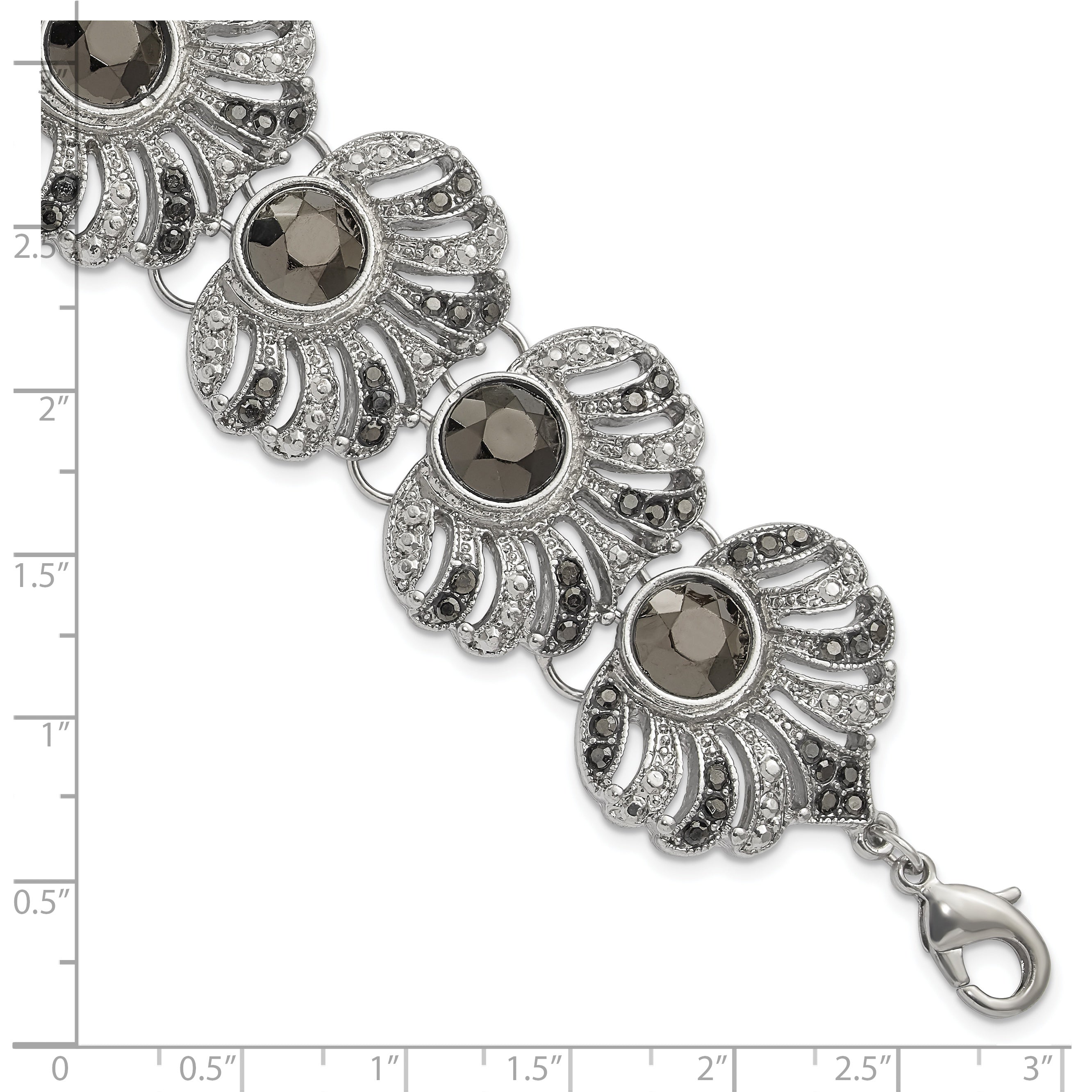 Vintage Silver-Tone Filigree Bracelet with Hematite & Jet Black Stones - 7.5