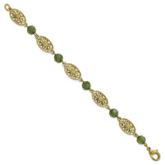 1928 Jewelry Brass-tone Filigree Link Green Faceted Acrylic Beads 7.5 inch Bracelet
